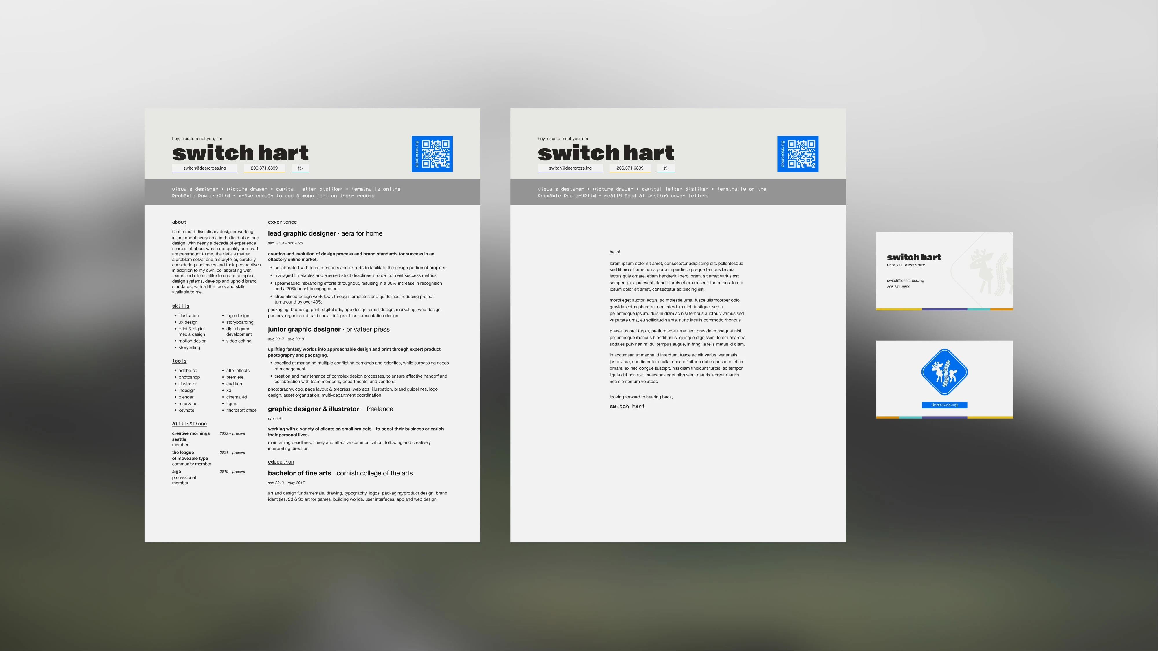 Resume, cover letter, and business cards.