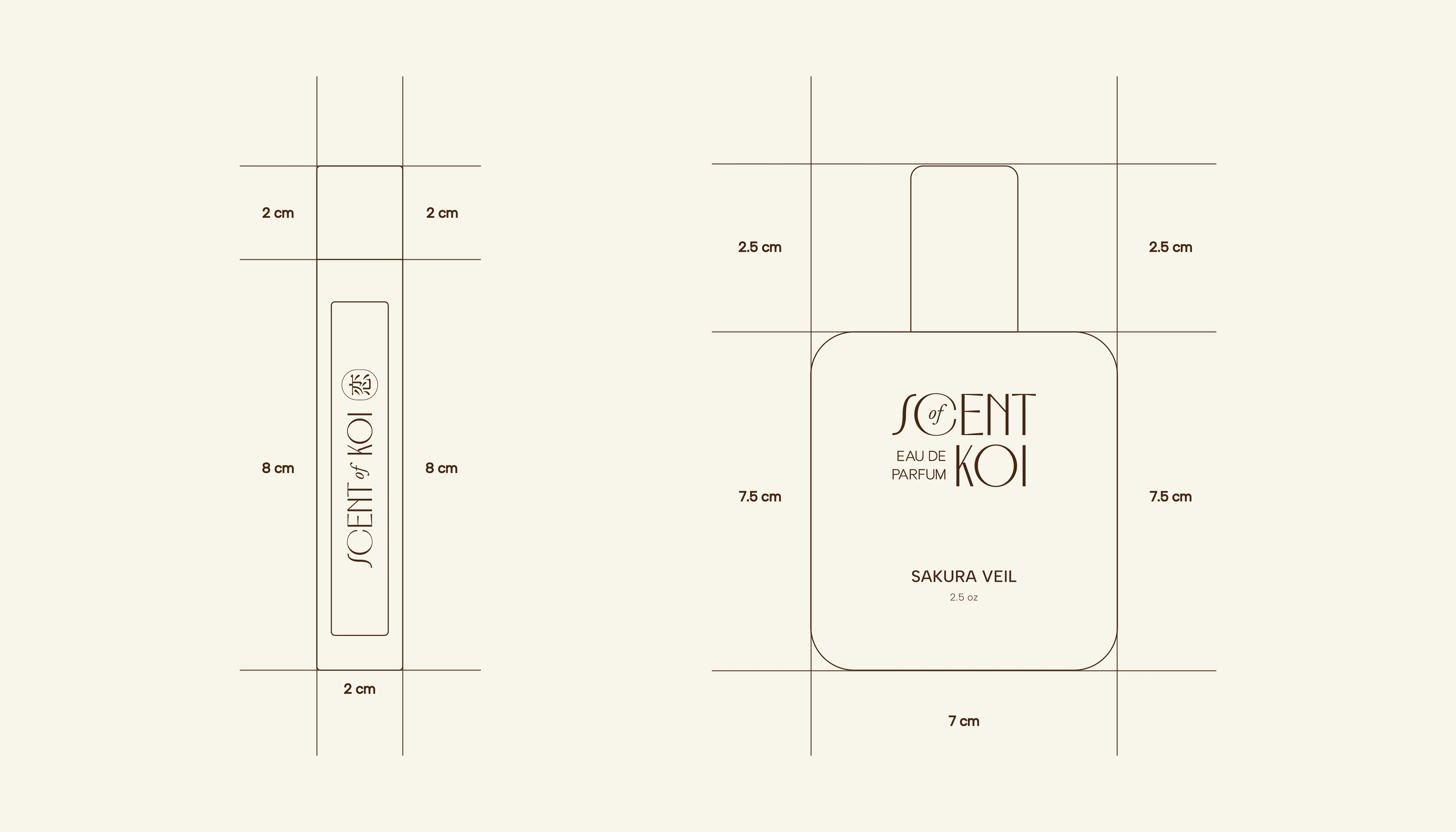 Technical perfume bottle design layout showing Scent of Koi logo placement and packaging proportions