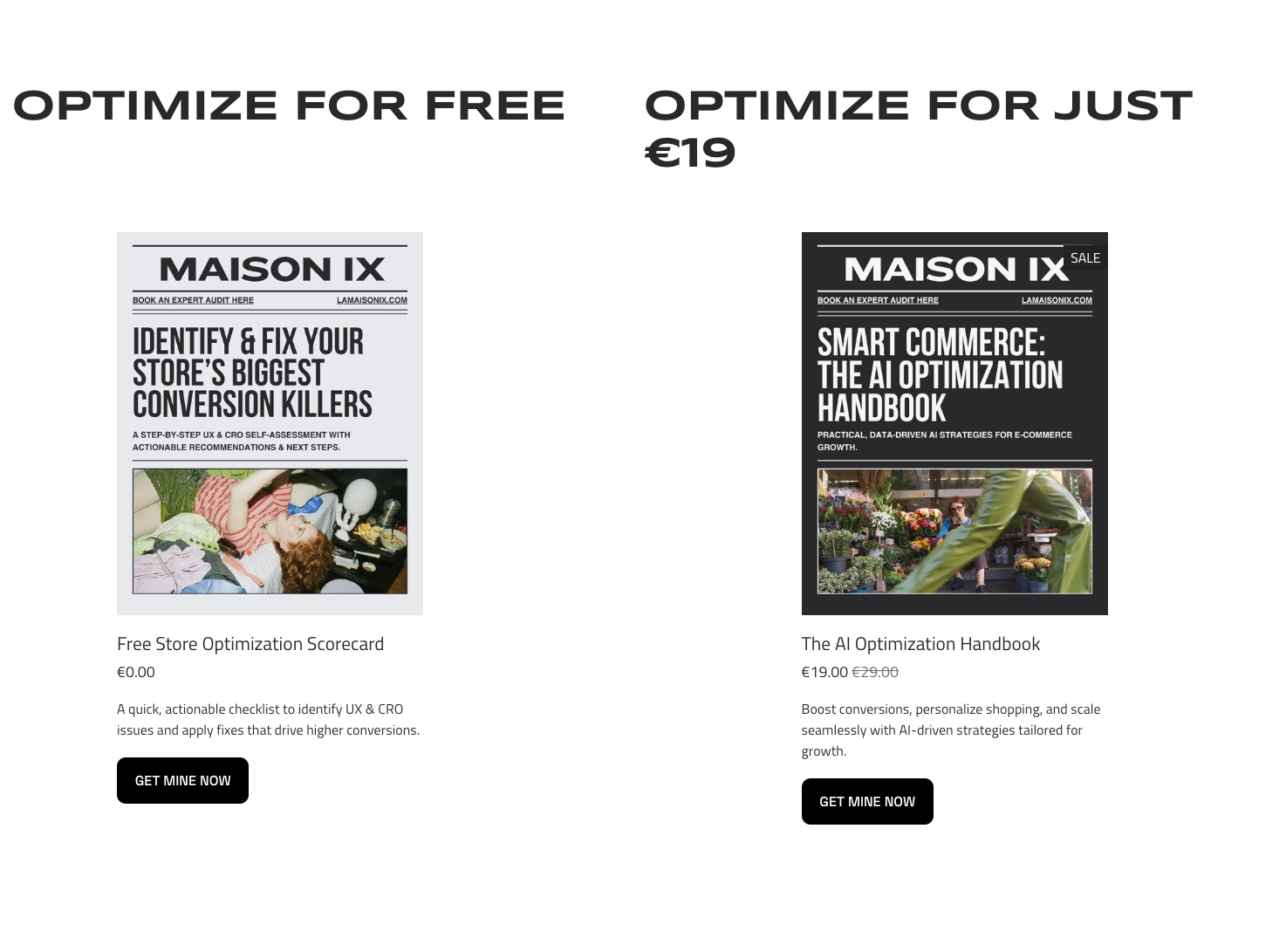 Tiered product offerings presented in a clear, conversion-first layout, designed to guide users from free entry tools to paid optimization upgrades. Each offer aligns with the broader brand mission: actionable value, delivered instantly.