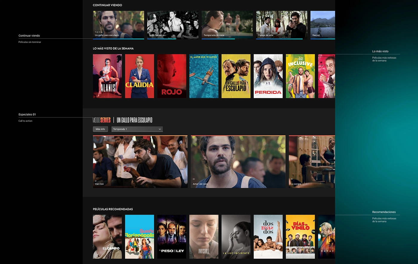 Core Homepage Design: Focus on crucial user flows, including the "Continue Watching" feature, curated recommendations from the catalog (Most Viewed), and high-visibility sections for successful platform series/special episodes.