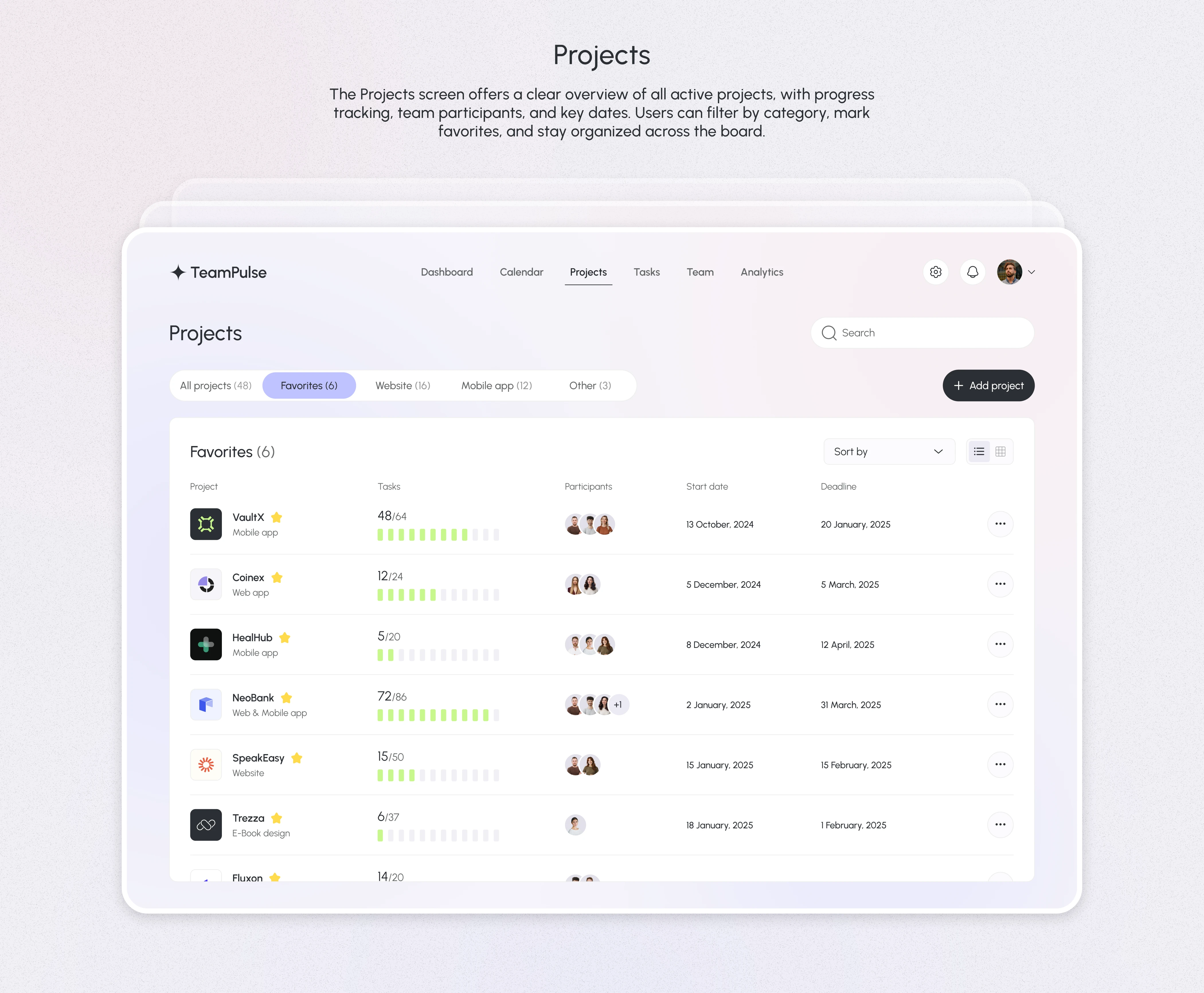 The projects screen allows users to easily manage and track multiple projects, providing a clear overview of project statuses and deadlines.

