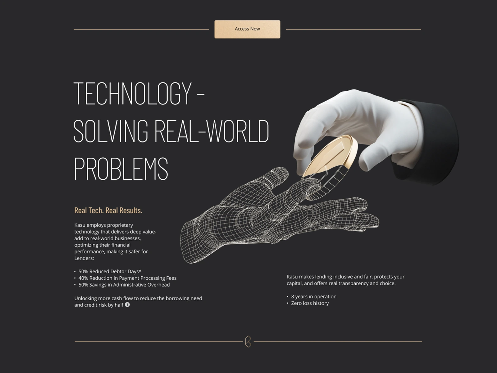  Landing page section focused on Kasu’s tech narrative — combining abstract 3D visuals with messaging around efficiency and real-world impact.