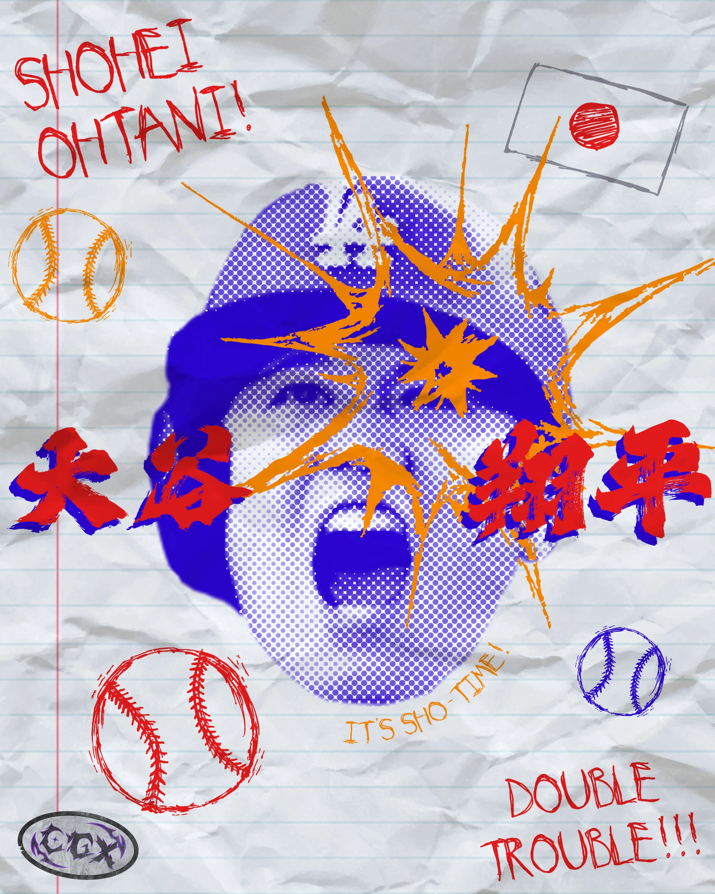 The final version of the poster: completed with 3 baseballs (3 strike rule), Japanese typography ("Ohtani Shohei written in Japanese), Ohtani's head and expression after hitting one of many home runs, and a hand drawn looking font to enhance the feeling of scribbling in a notebook.