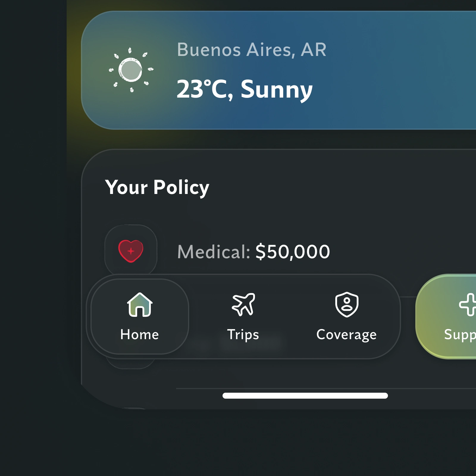 Close-up of the "Home" screen's main navigation in dark mode