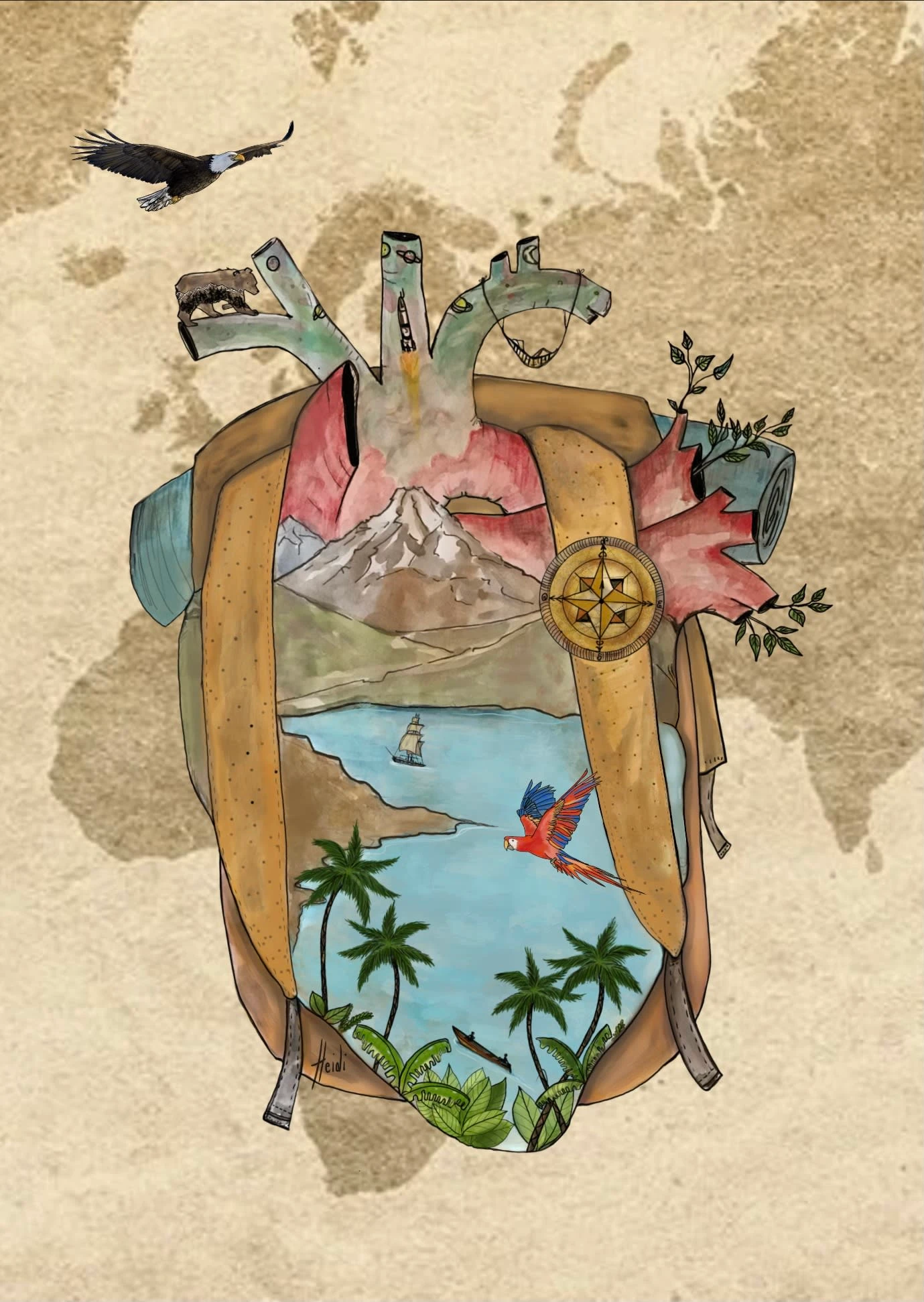 The image represents a heart with a travel backpack