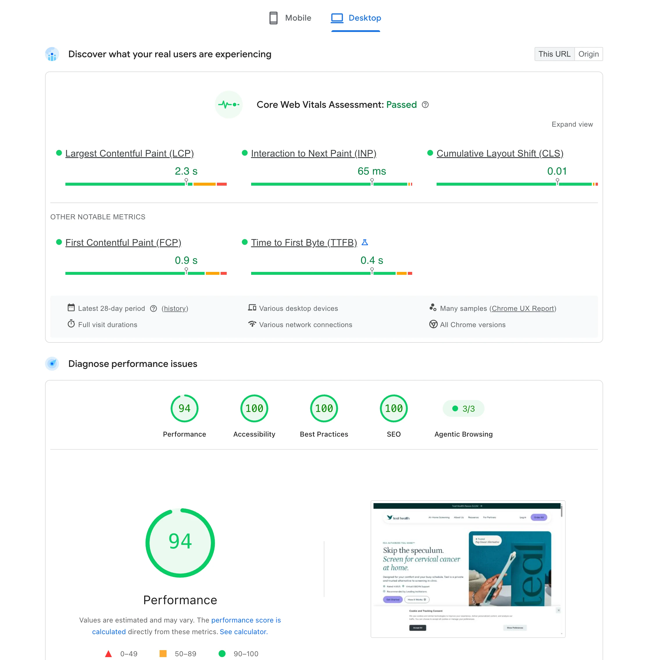 Desktop PageSpeed score