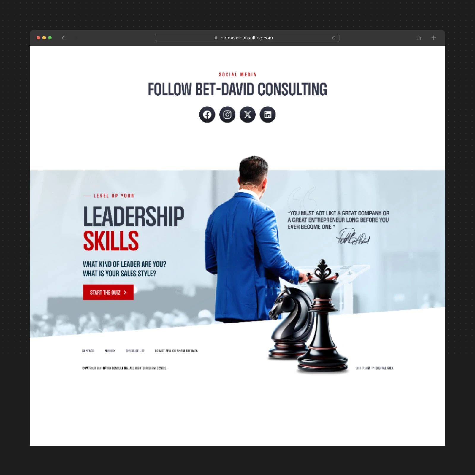 Multi-channel social integration with leadership assessment quiz. Inspirational quote adds personal authority.