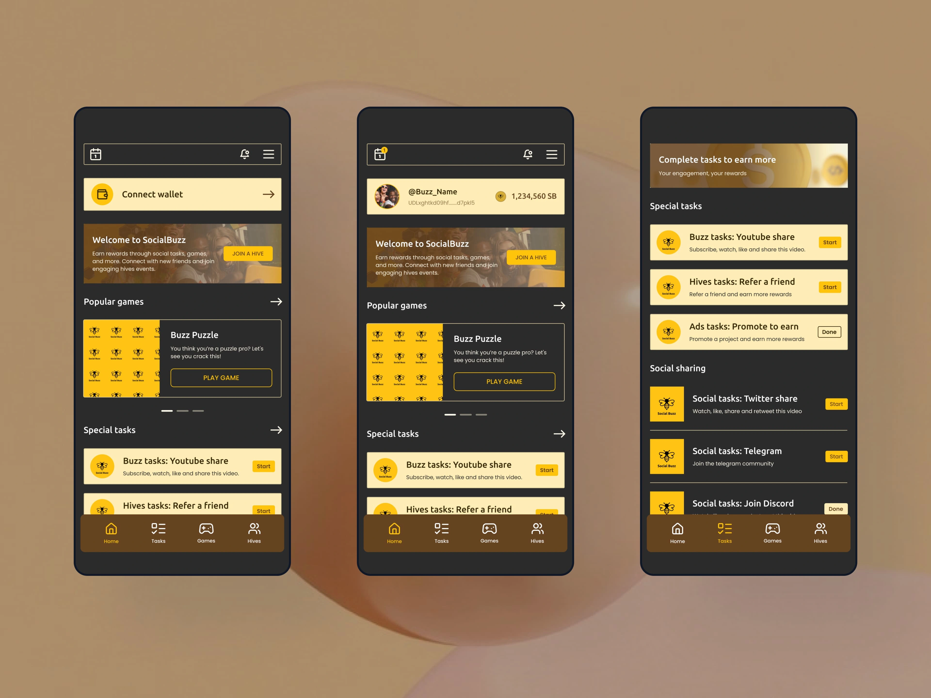 Home Screens (Logout & Wallet Connect) plus Tasks Screen - Dark Mode