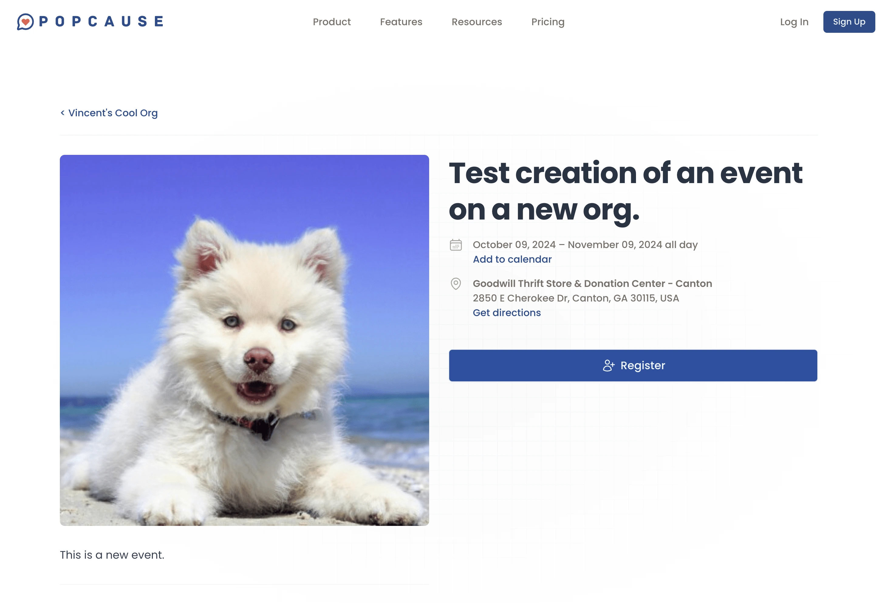 Viewing event registration as a volunteer. (I used puppy images for dummy data in development. Don't hate.)