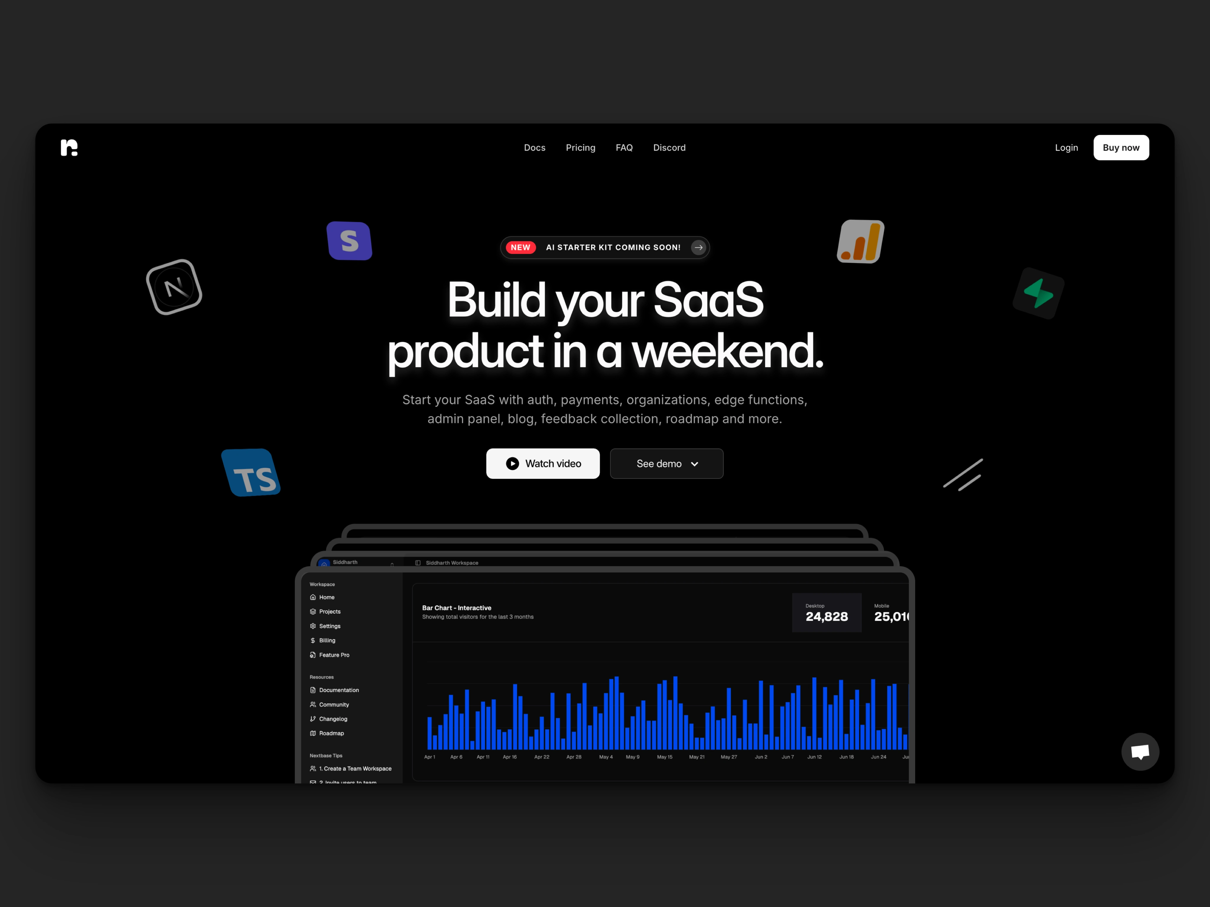 Hero section on Nextbase Starterkits Landing page