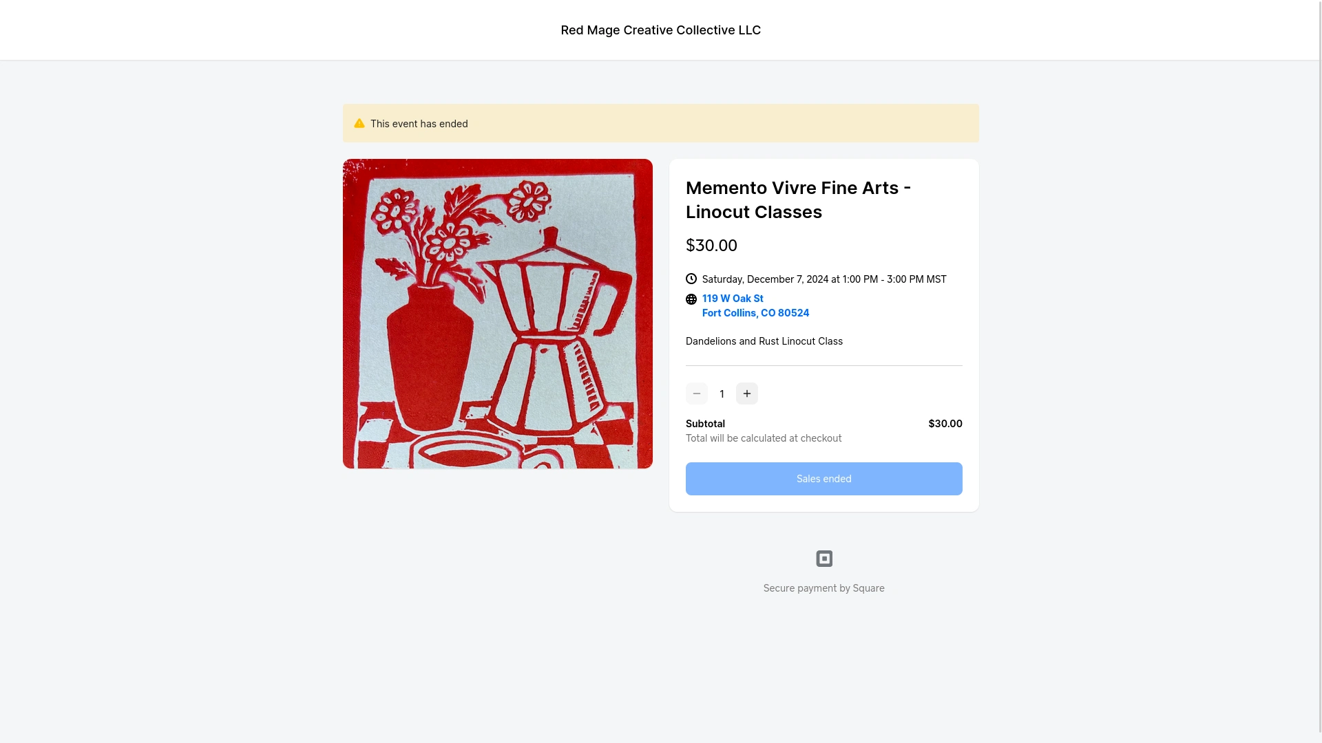 An example event I helped her set up with Square, seamlessly integrating payment collection with info on the event