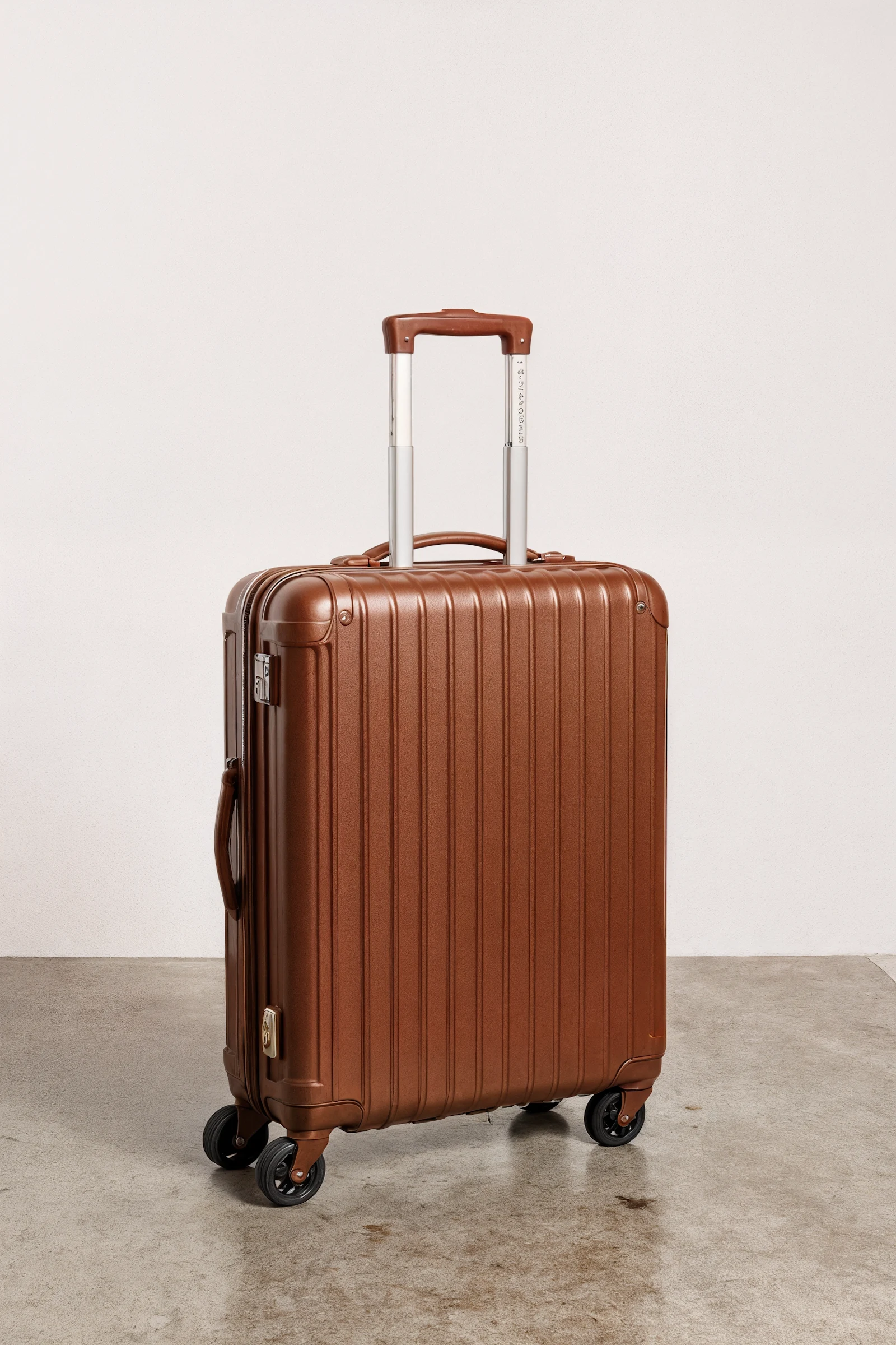 Stylish metallic brown suitcase with spinner wheels and telescopic handle, perfect for modern travelers seeking durability and elegance.

