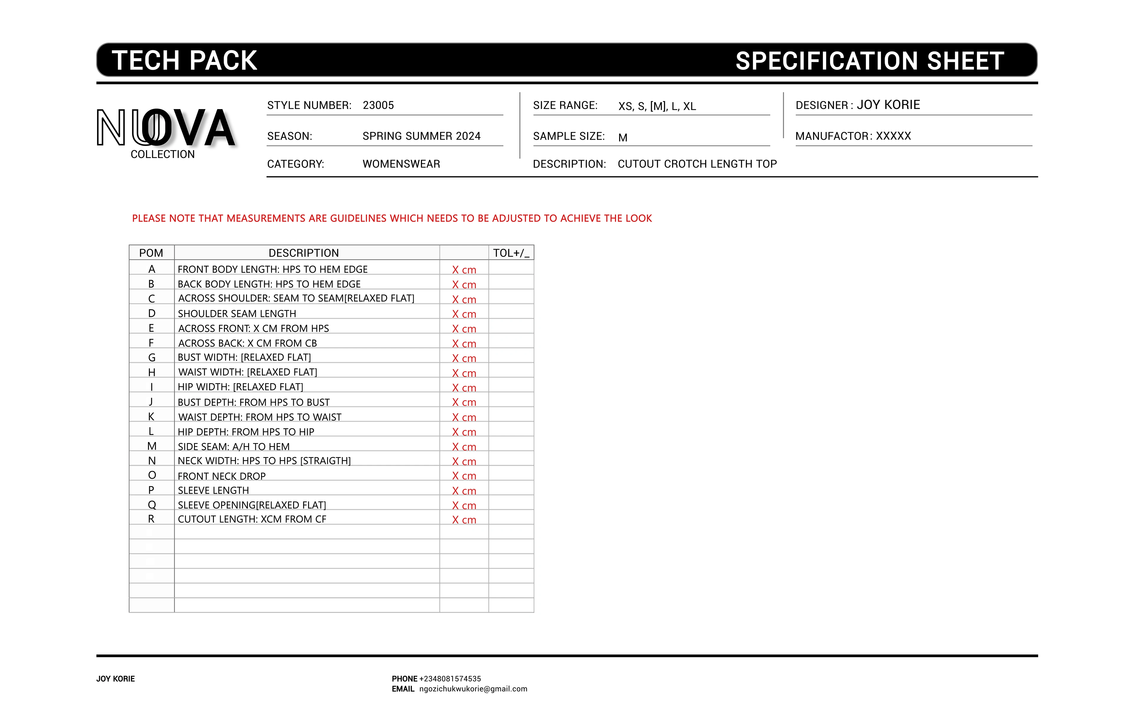 SPECIFICATION SHEET: This sheet contains detailed description of each POM.