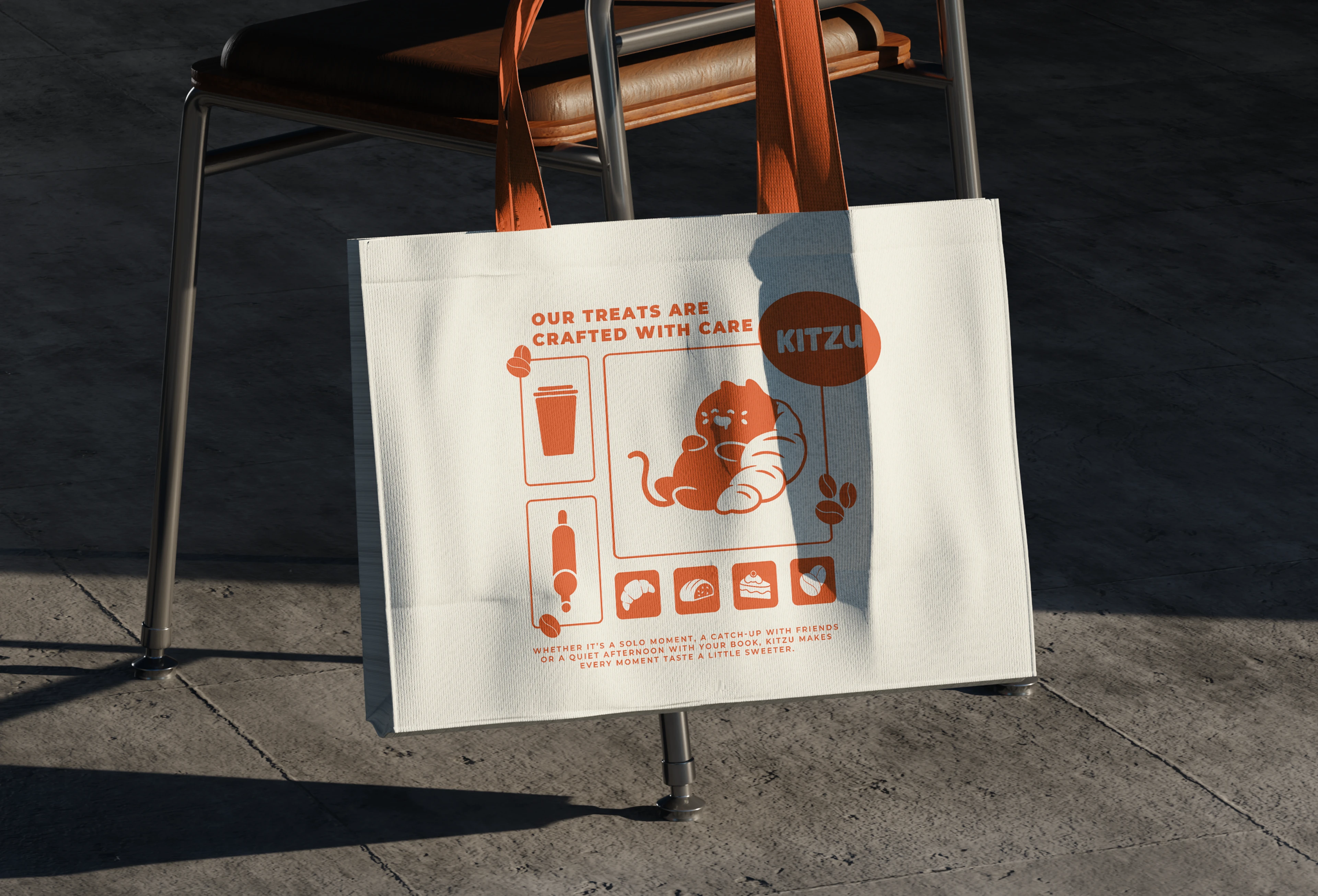 Tote bag design featuring Kitzu cat mascot and bakery icons in warm orange tone.