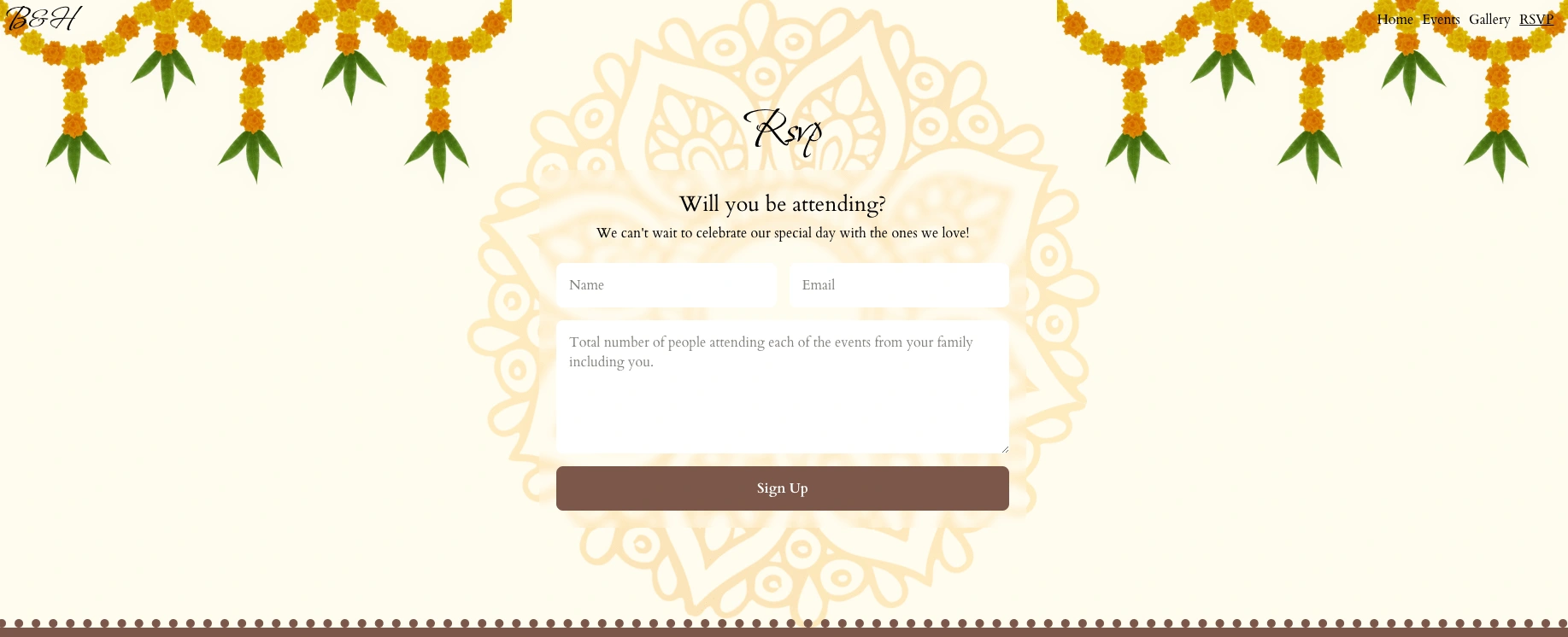 A RSVP form for guests displayed on a beautiful background with some animation.