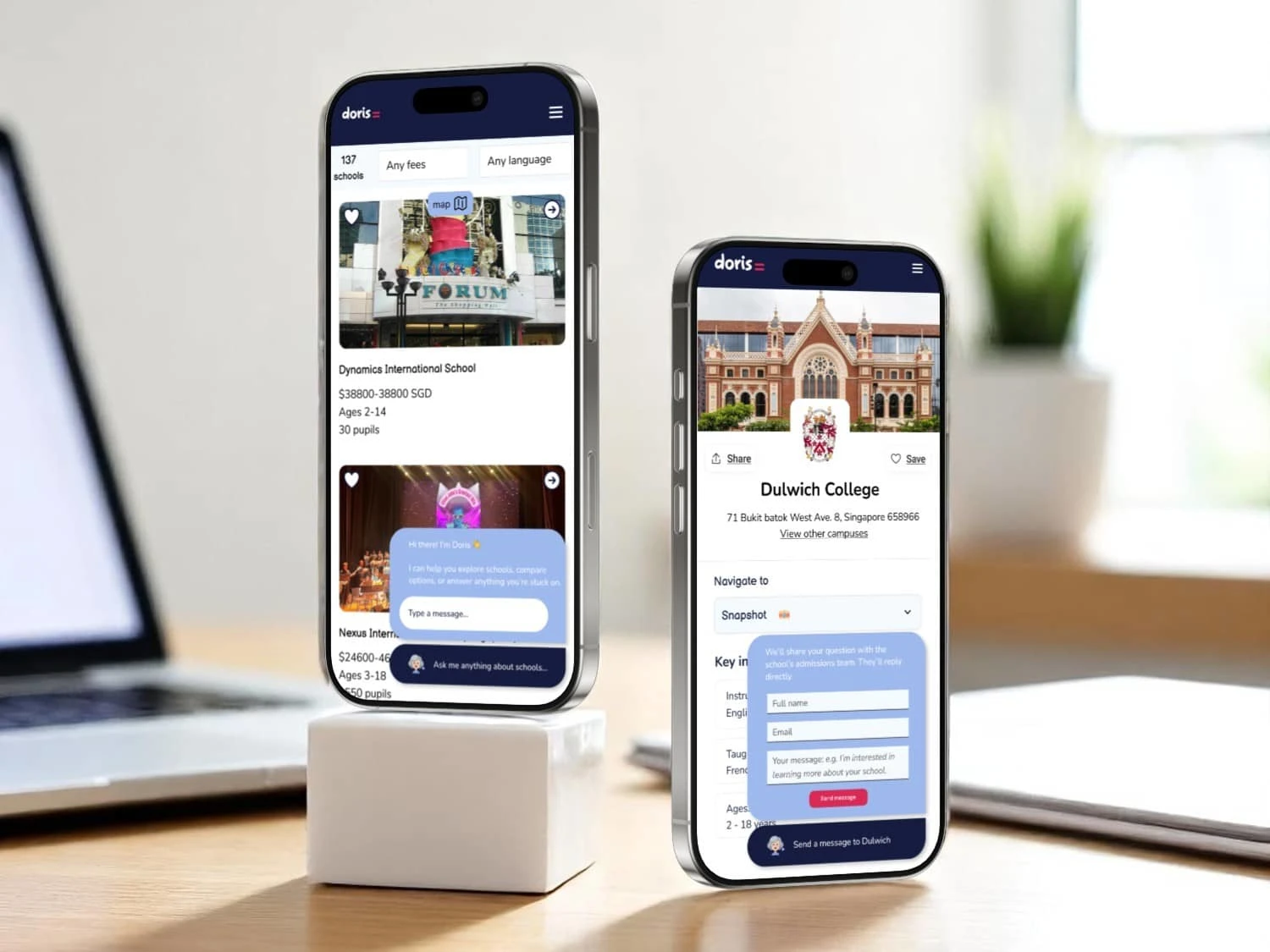AI-Assisted Onboarding
A conversational interface where Doris, the friendly AI assistant, helps parents navigate search results, understand school profiles, and connect with schools — making the onboarding process feel simple and supportive.