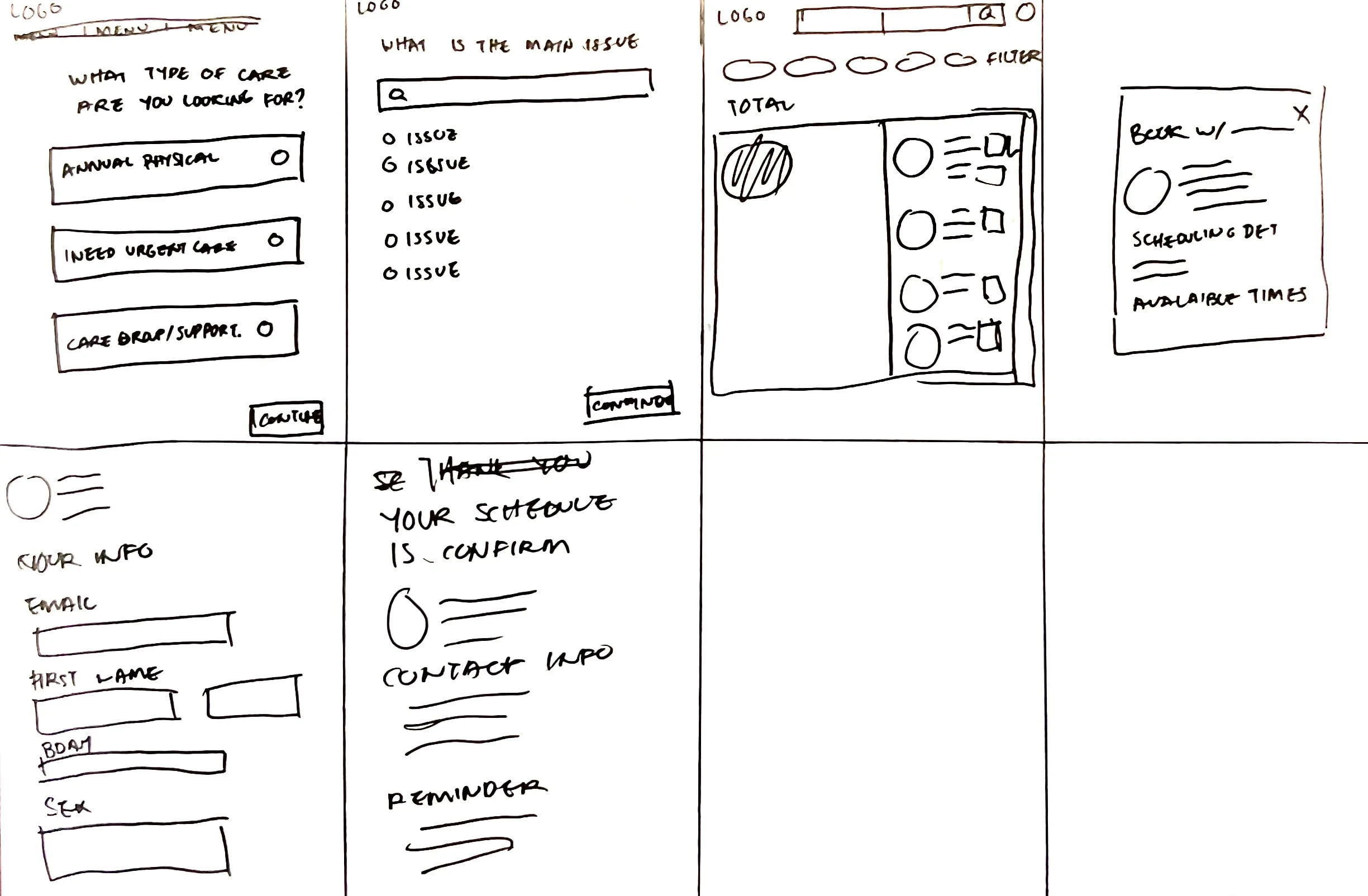 Healthcare Appointment Paper Wireframes