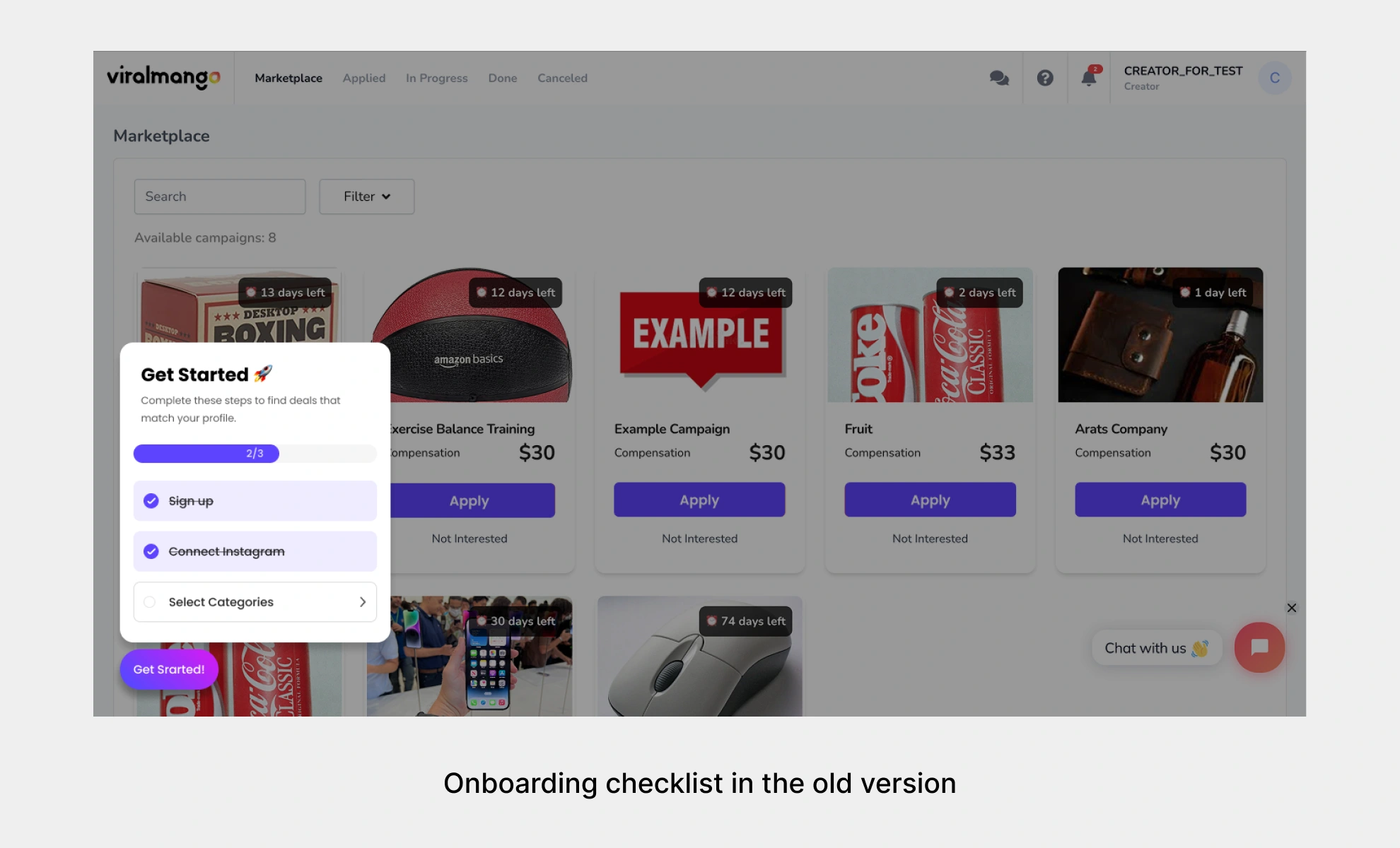 Onboarding checklist in the old version
