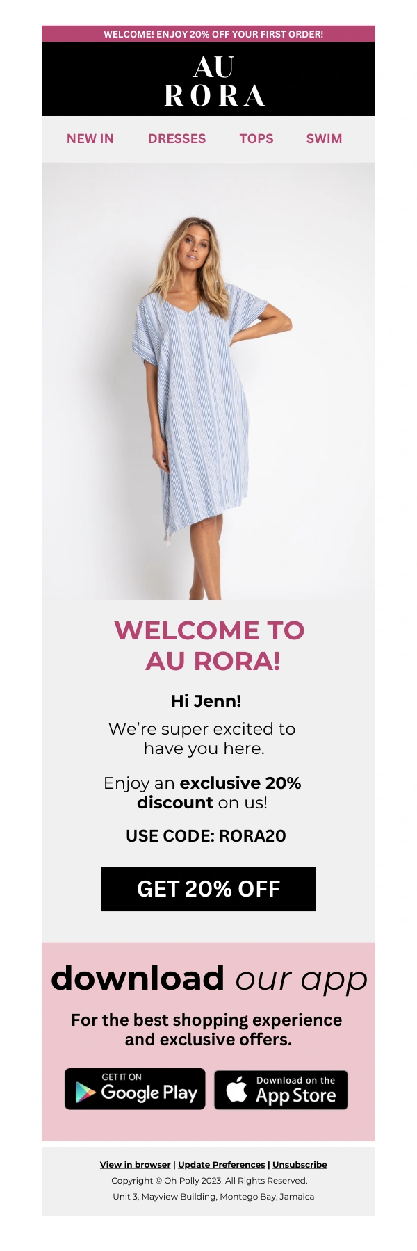 **Subject Line:**\
*“Welcome! Here’s 20% Off Just for You 👗✨”*
