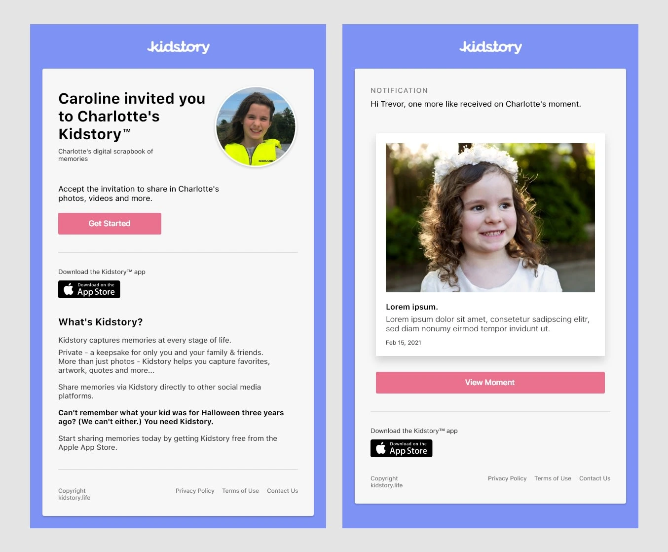 Email templates - Invitation (left) & moment update (right)