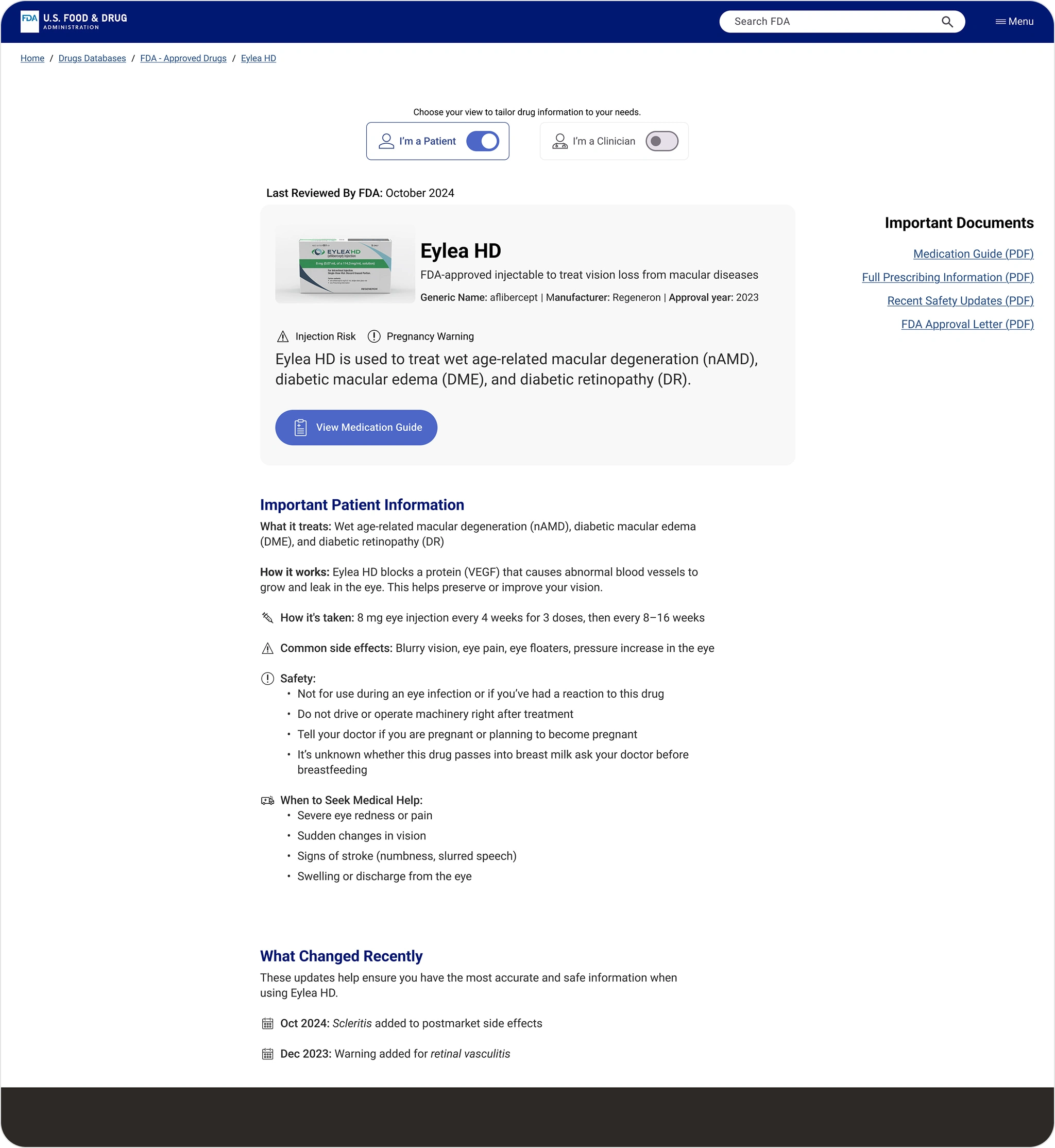 The redesigned patient view surfaces key drug info purpose, dosage, and safety before linking to PDFs, making it faster to understand and act.