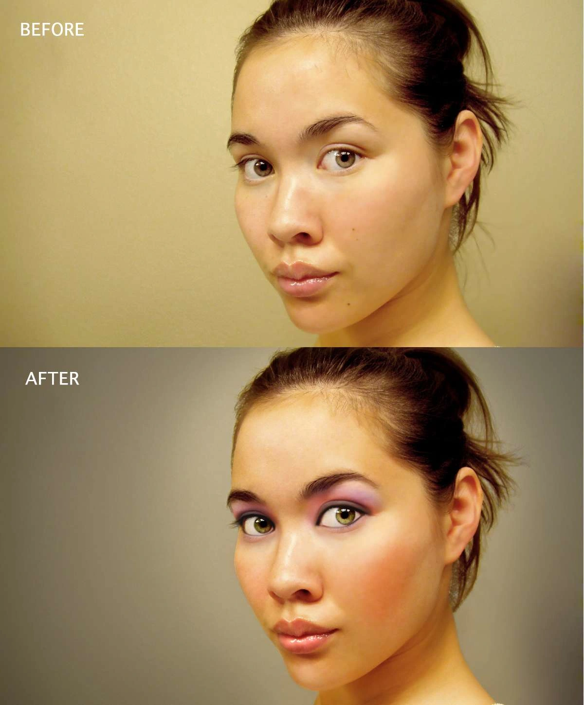 Color saturation, background enhancement, heavy make-up application, and dramatic skin smoothing with use of manual dodging and burning,