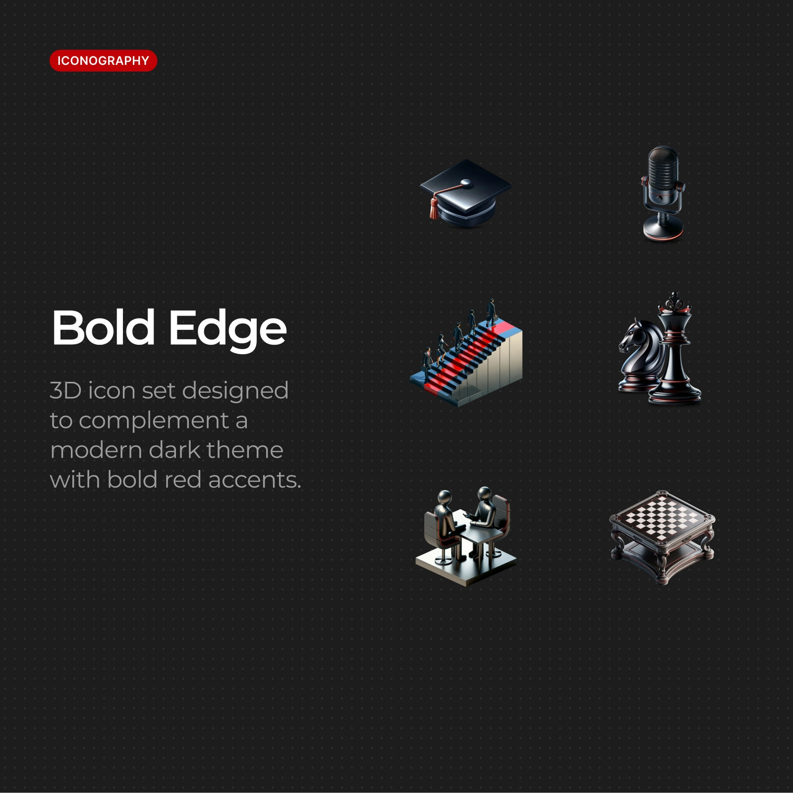 Premium icon set blends dark sophistication with red power accents. Business concepts visualized dimensionally.