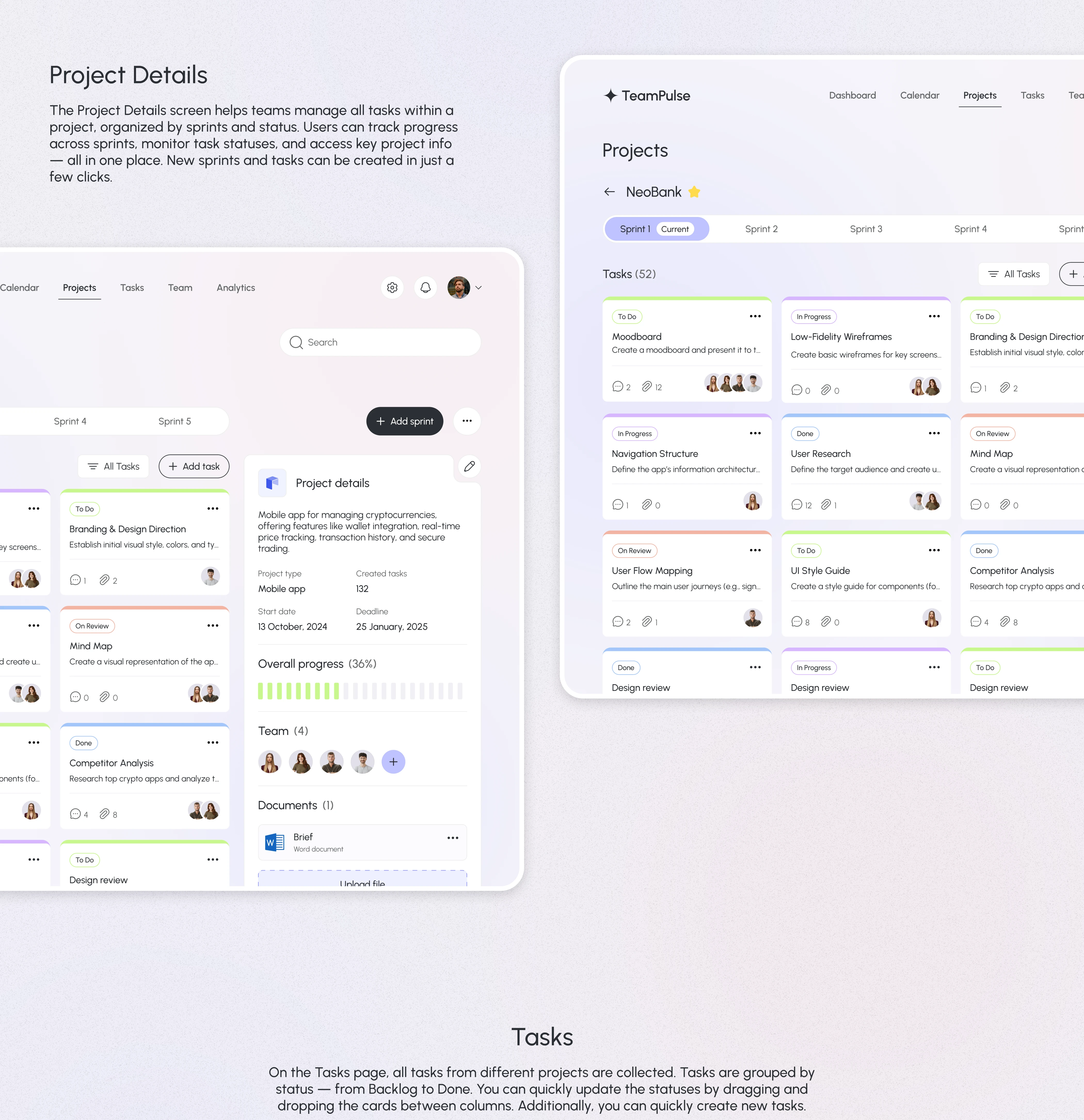 The project details screen offers a deep dive into individual project components, showcasing tasks, progress, and team member involvement for better project management.
