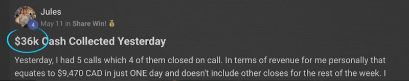 Jules - $36k from 4 out of 5 calls and $9k in commissions - that's what a day in her life looks like. Quit her job after making $67K in month 2.
