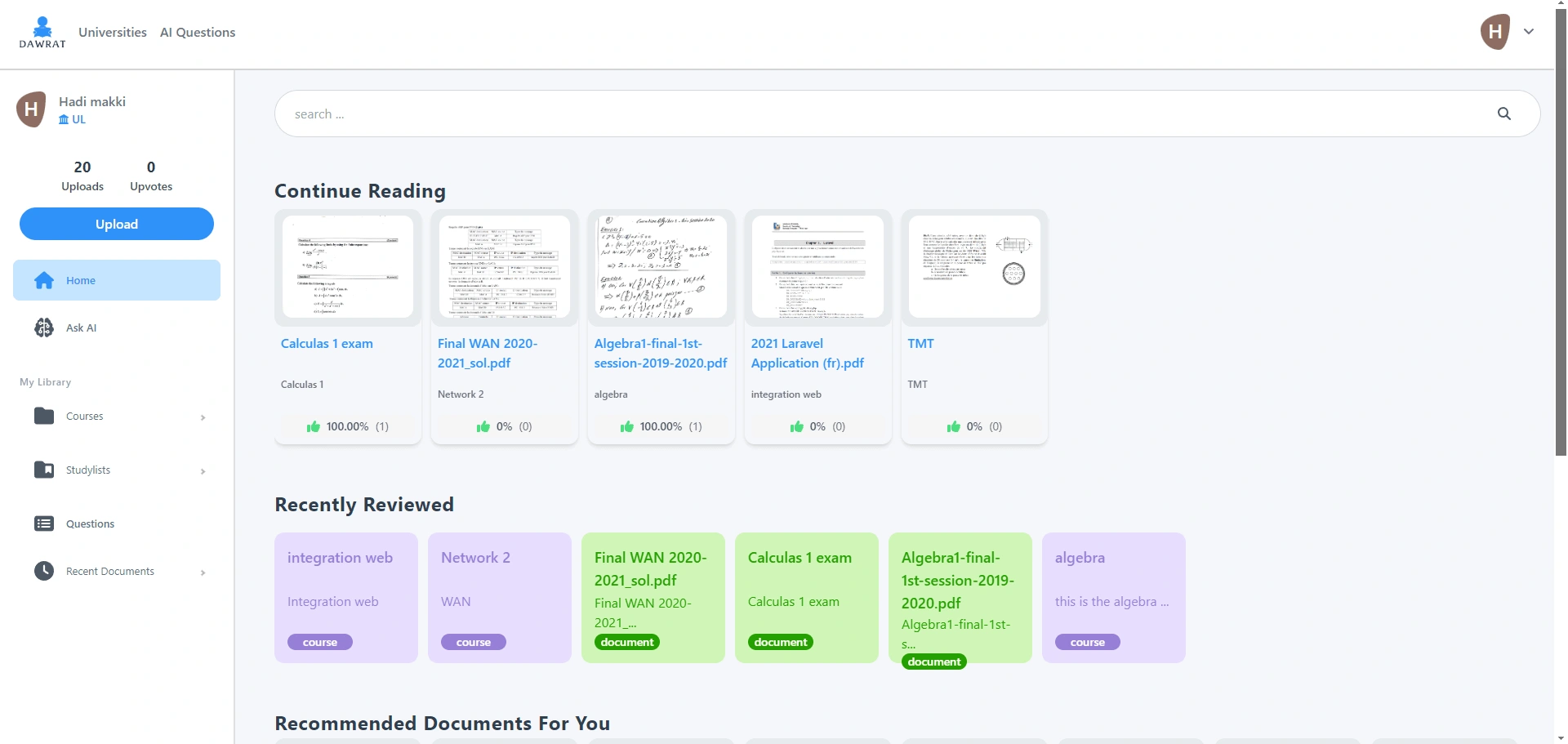 Functional Dashboard for students to check studying materials