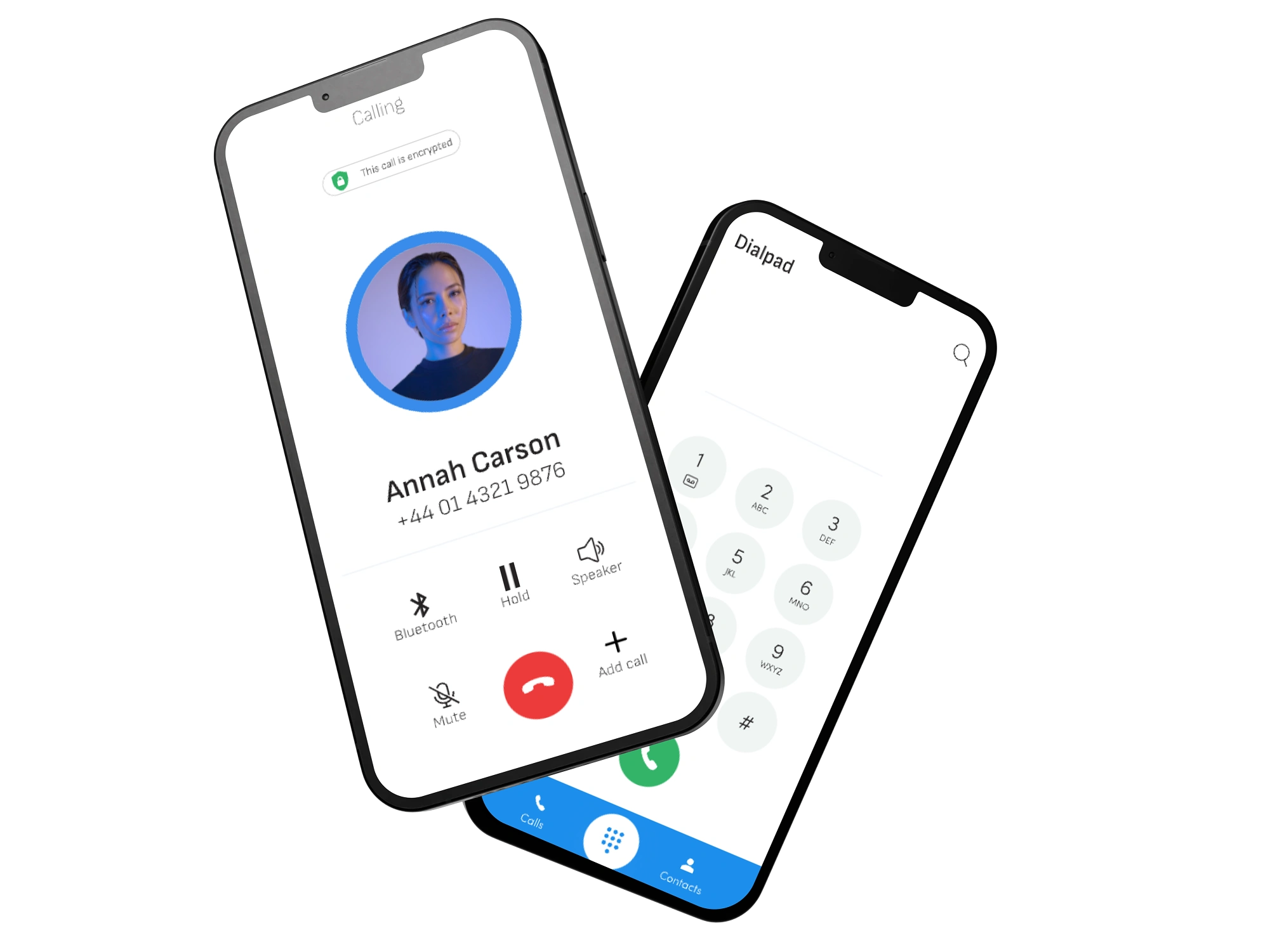Mockup image of 2 phones showcasing the bOnline VoIP App