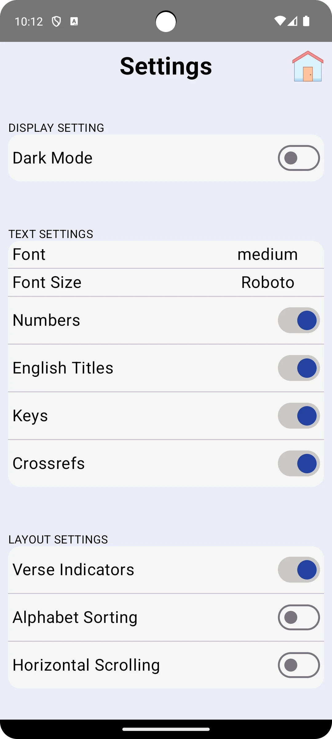 Settings page for user to set preferences