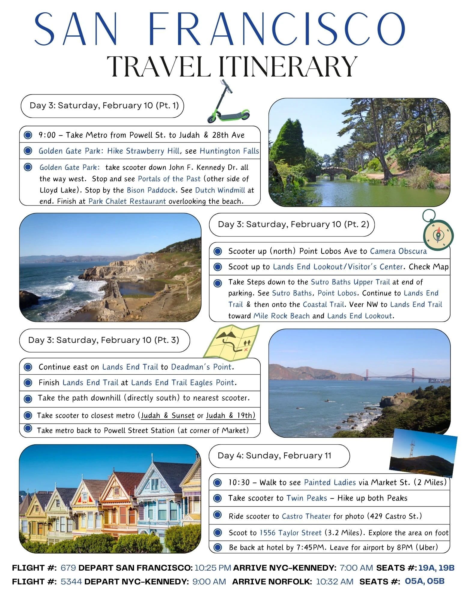 This page outlines the final two days of the trip with a clear, time-blocked schedule and return flight details, ensuring a smooth end-to-end travel plan. 
