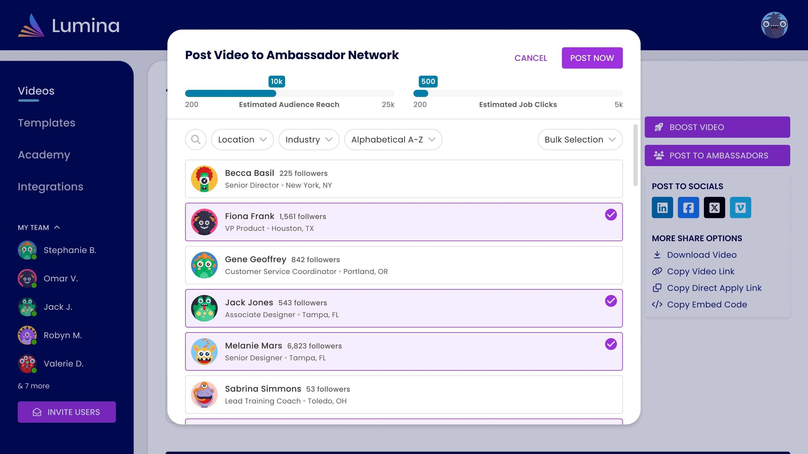 Via third party integration, customers can post videos directly to their network's LinkedIn accounts. 