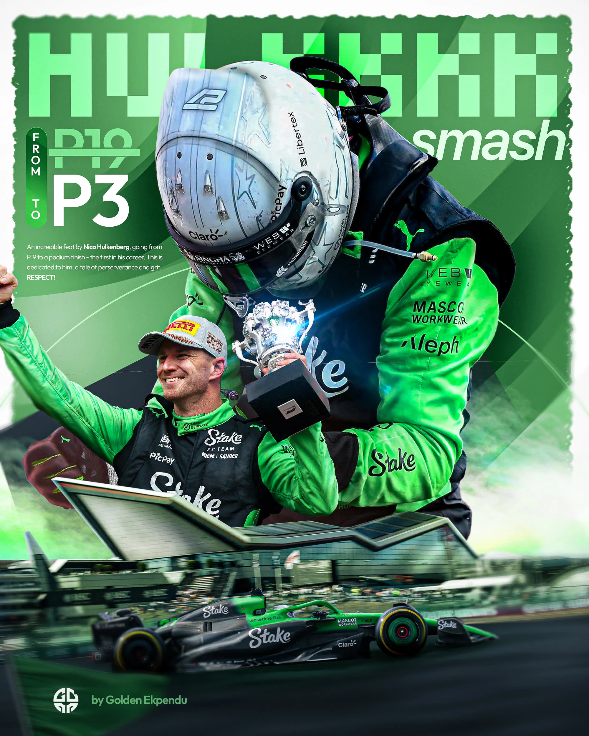 	Nico Hülkenberg gets a podium finish (P3) after a momentous drive from P19 to P3 to claim his first podium finish at the 2025 British Grand Prix