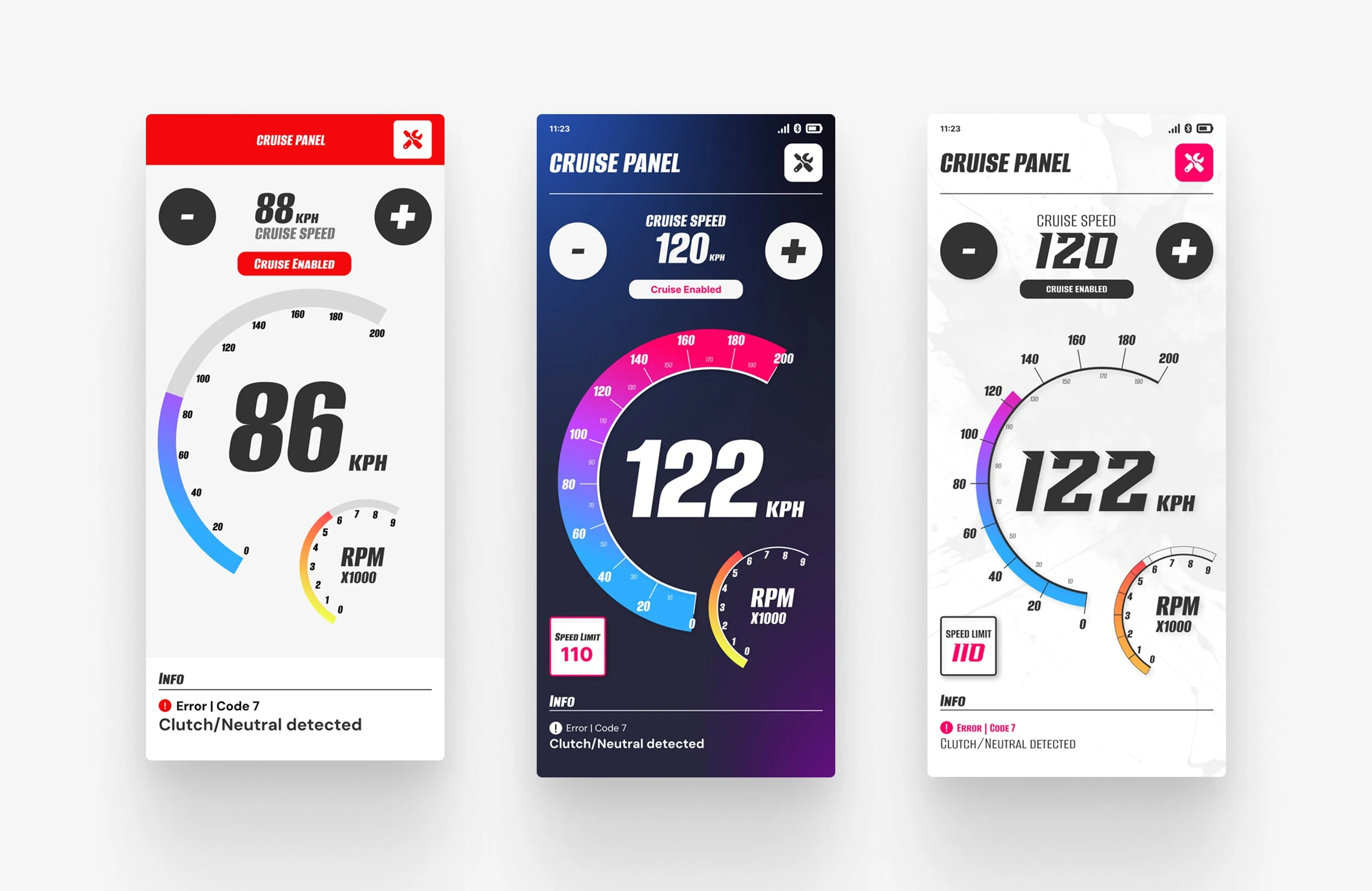 Variations of the main page that displays speedometer and cruise control settings.