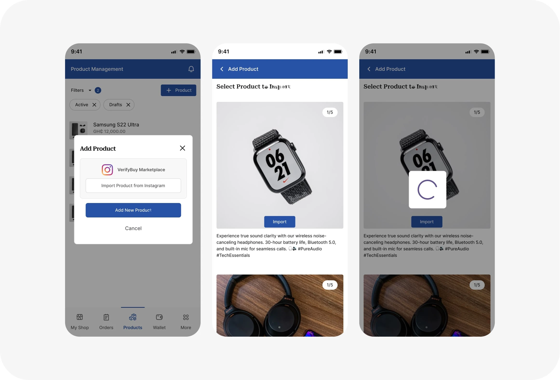 Sellers can easily import product info from their instagram account.