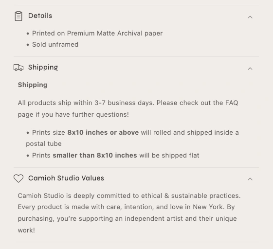 Details, shipping, and studio values section