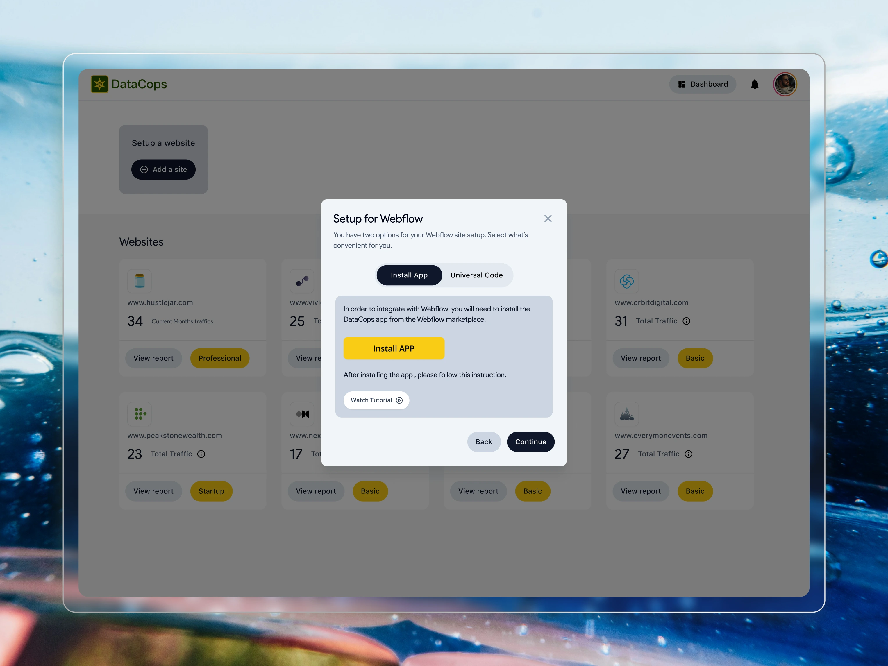 
Final step in the setup: Integration instructions! After a user selects a platform like Webflow, we provide clear, actionable steps. They can install the dedicated app or use a universal code. Simple guidance for a great start.
