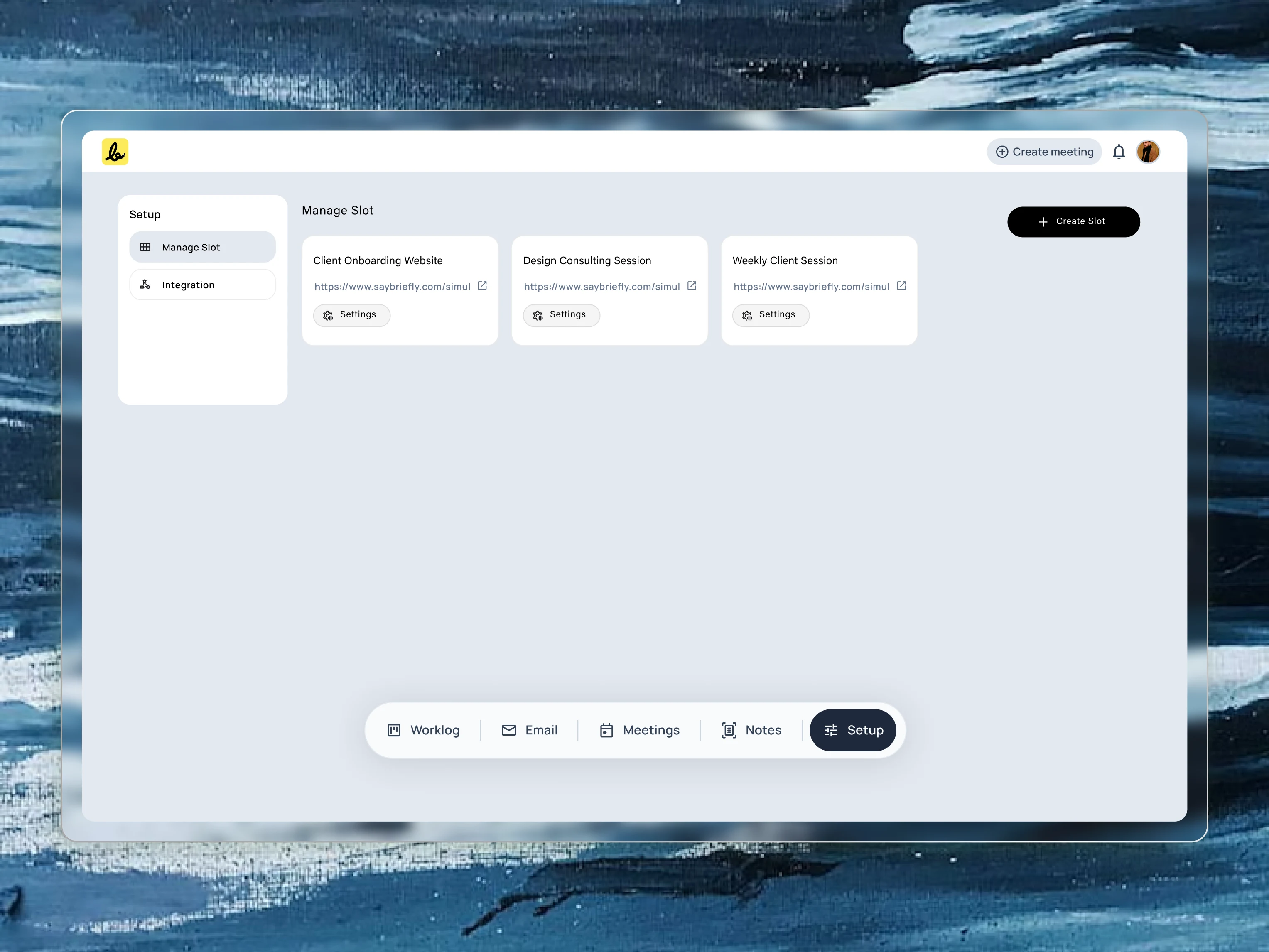 To
 support users who offer different types of services, I designed a 
“Slot” management system. Each slot acts as a reusable template for a 
specific meeting type, like a discovery call or a weekly check-in. This 
screen is the central hub where users can create and manage all their 
different offerings.
