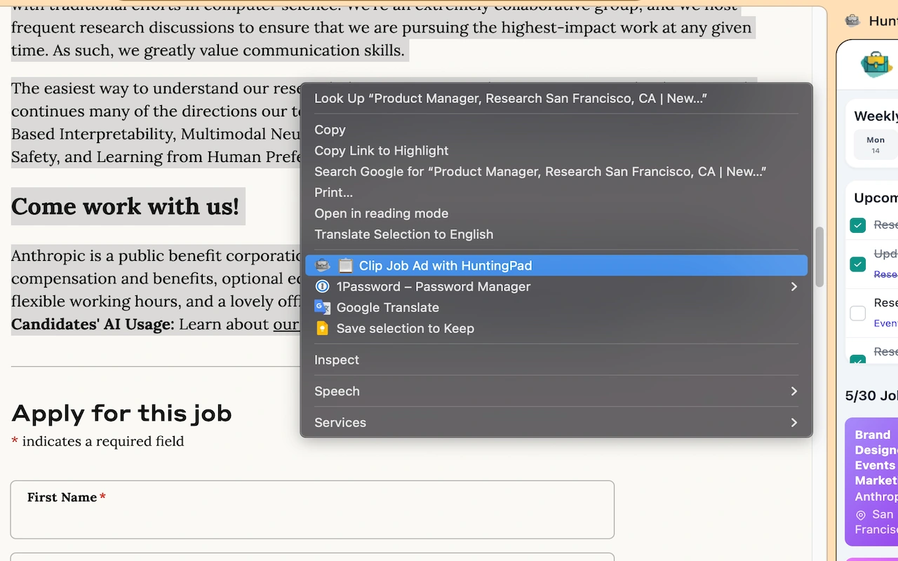 Highlight the text and then right click to start clipping the job posting