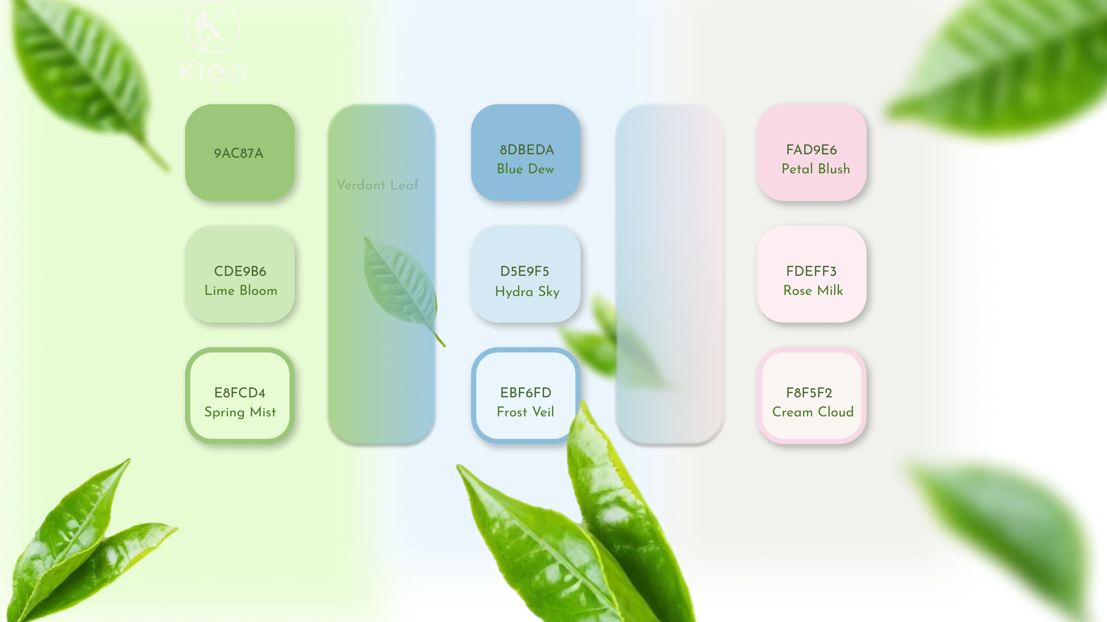 Kleo’s color palette reflects a sense of calm, purity, and botanical freshness with pastel greens, beige tones, and natural contrasts.