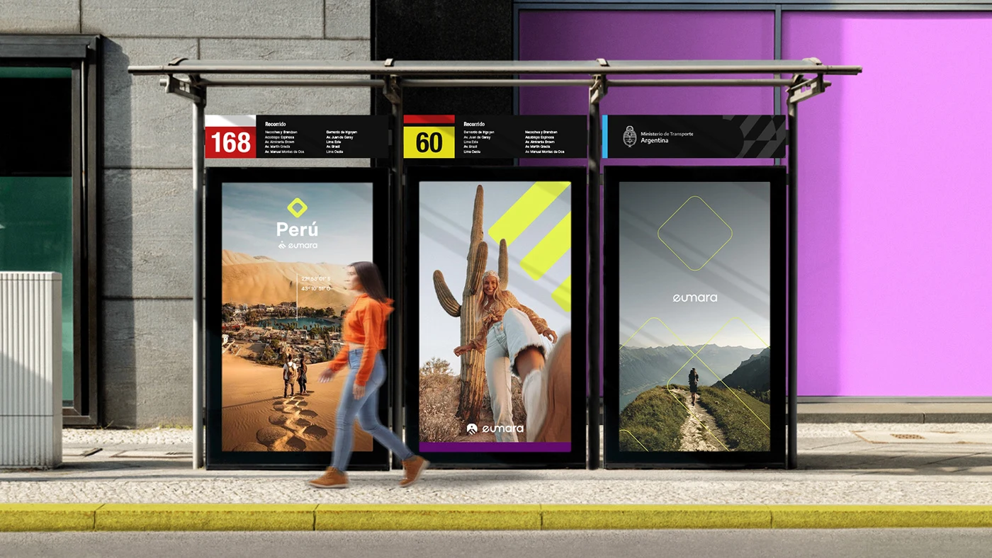 This visual showcases the Eumara brand system deployed across urban transit shelters. The modular design, combining high-resolution aspirational imagery (Peru, desert landscapes, mountains) with the brand's bold color blocks, ensures maximum visual impact and quick messaging recall in a high-traffic environment. This execution demonstrates the system's flexibility in promoting diverse travel destinations while maintaining brand consistency in a real-world, dynamic setting.
