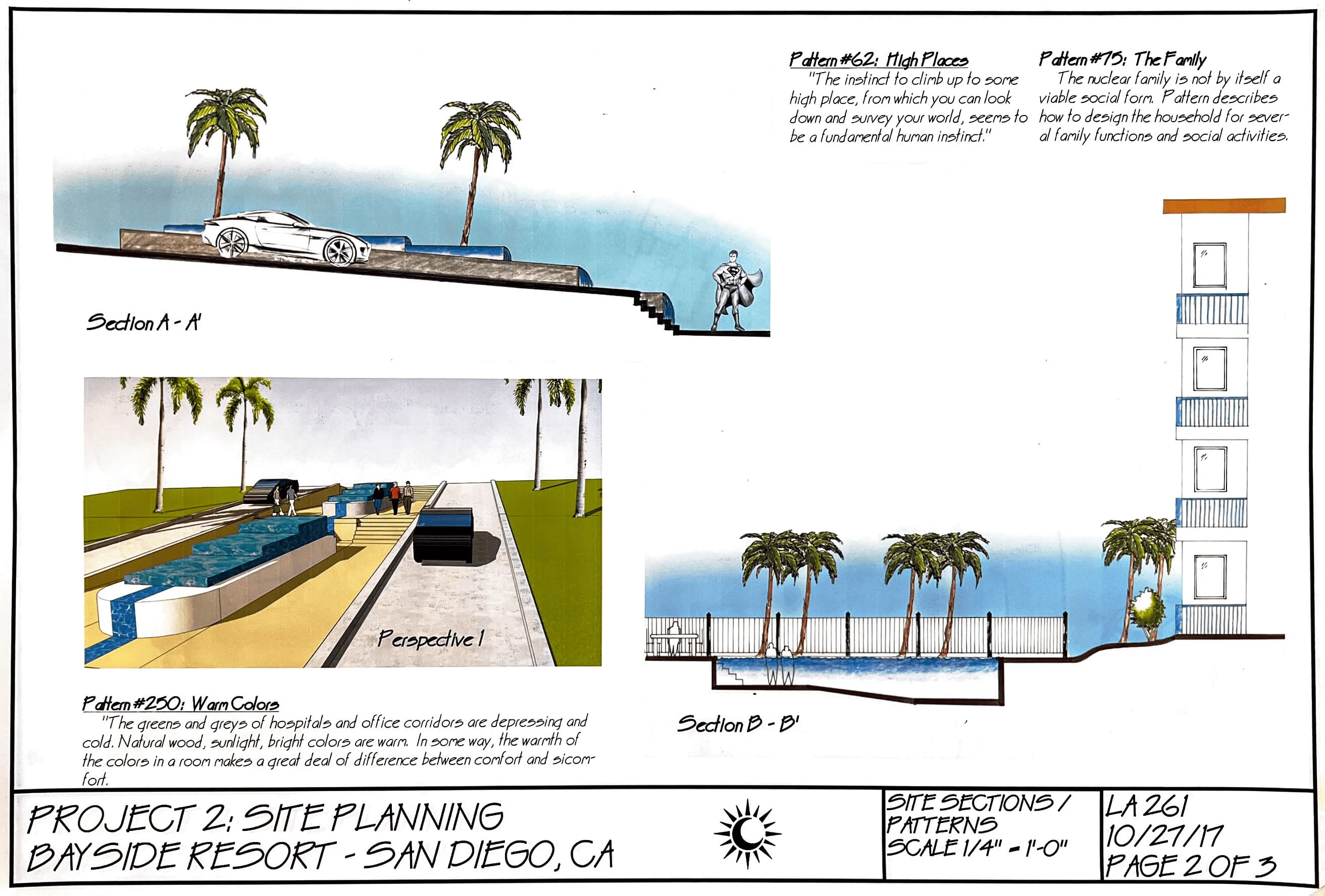 Page 2 displaying two Site Sections and 1 perspective. Section A - A' and Perspective 1 show the elevation change of the road and sidewalks next to the center waterfall feature, which will cascade down from the main fountain to the lower portion of the property. Section B - B represents the positioning of a residential building with the patio and pool present.
