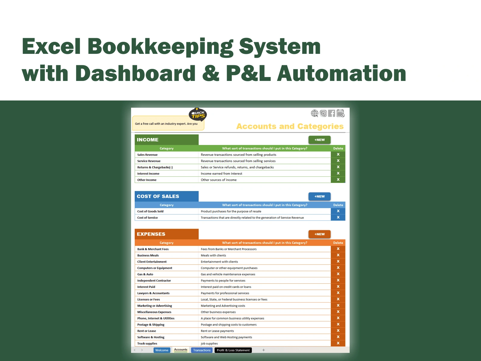Set up your income, expense, and cost of sales categories based on real business needs. Built-in guidance helps users choose the right classification, ensuring a structured and accountant-friendly P&L output.

