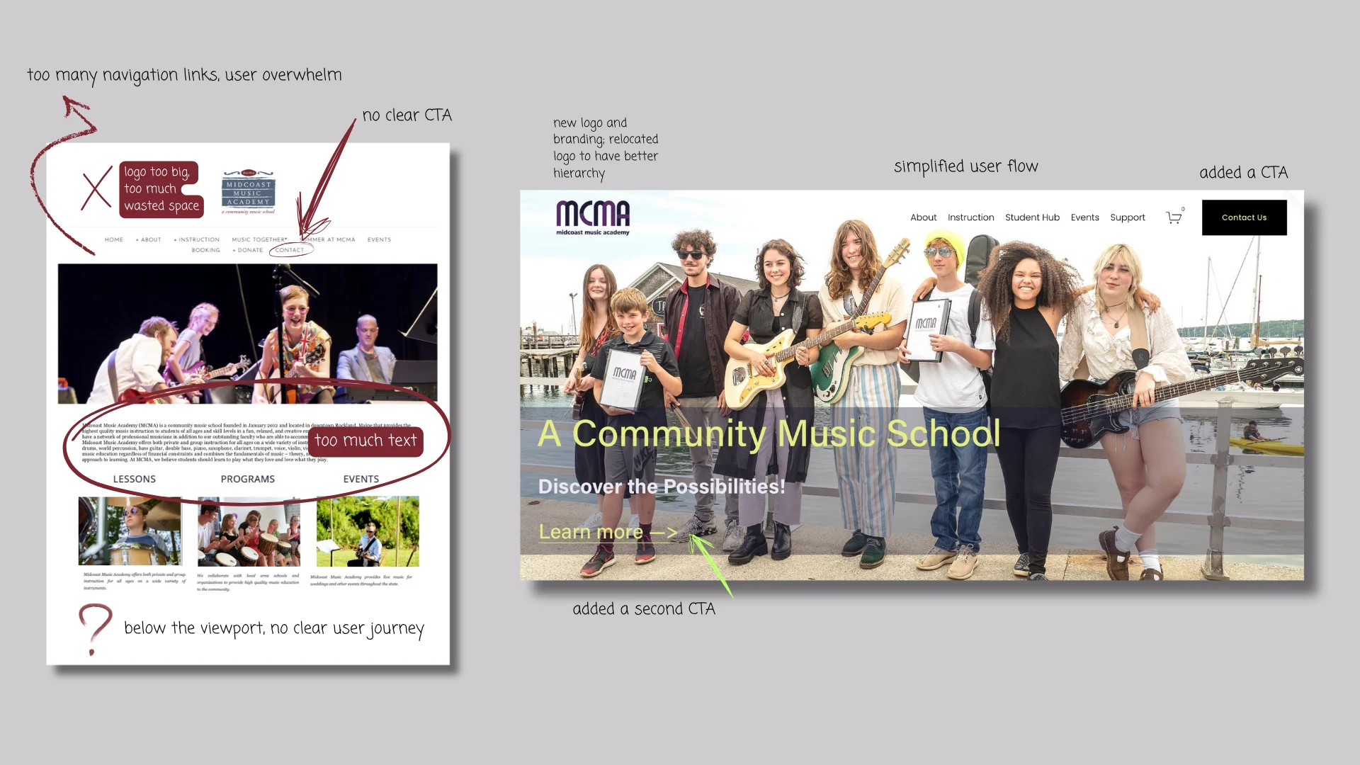 Homepage, before (left) and after (right)