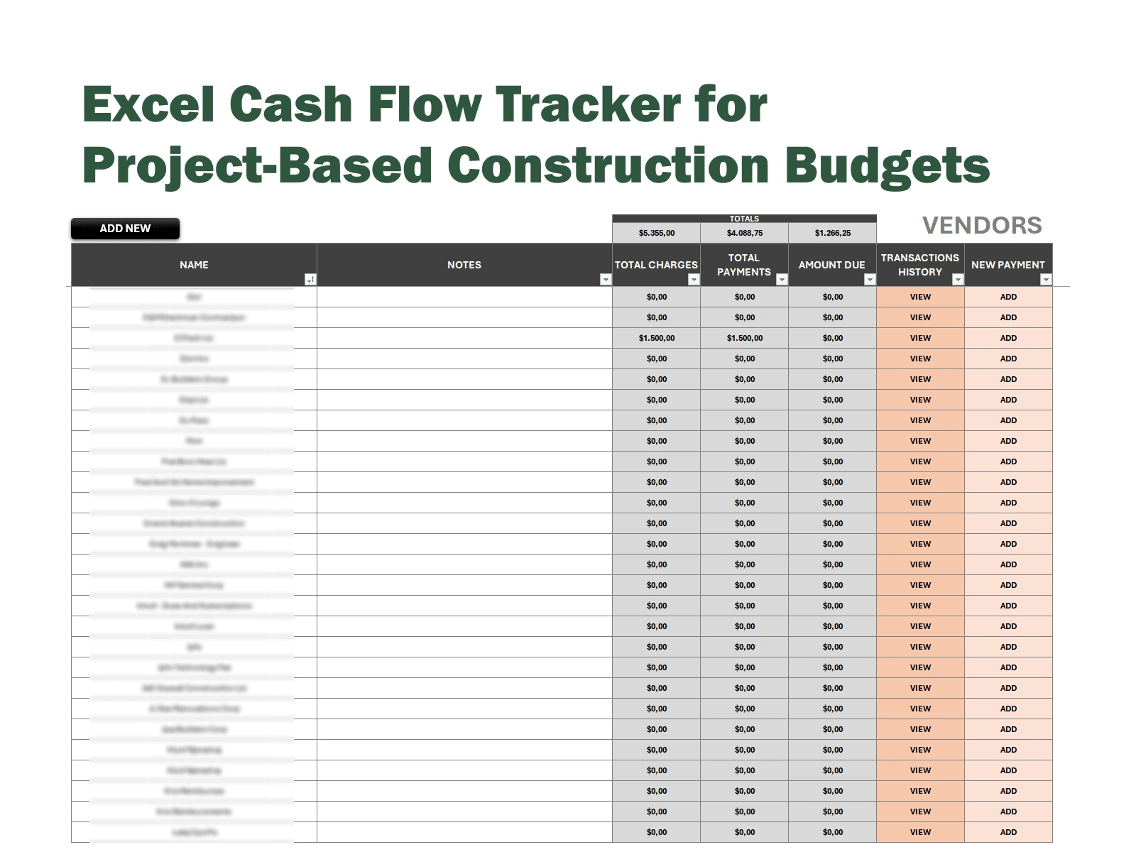 Vendor register with transaction history, payment tracking, and running balance per supplier. Includes quick-access buttons for logging payments and reviewing past charges, fully linked to the master project budgets.