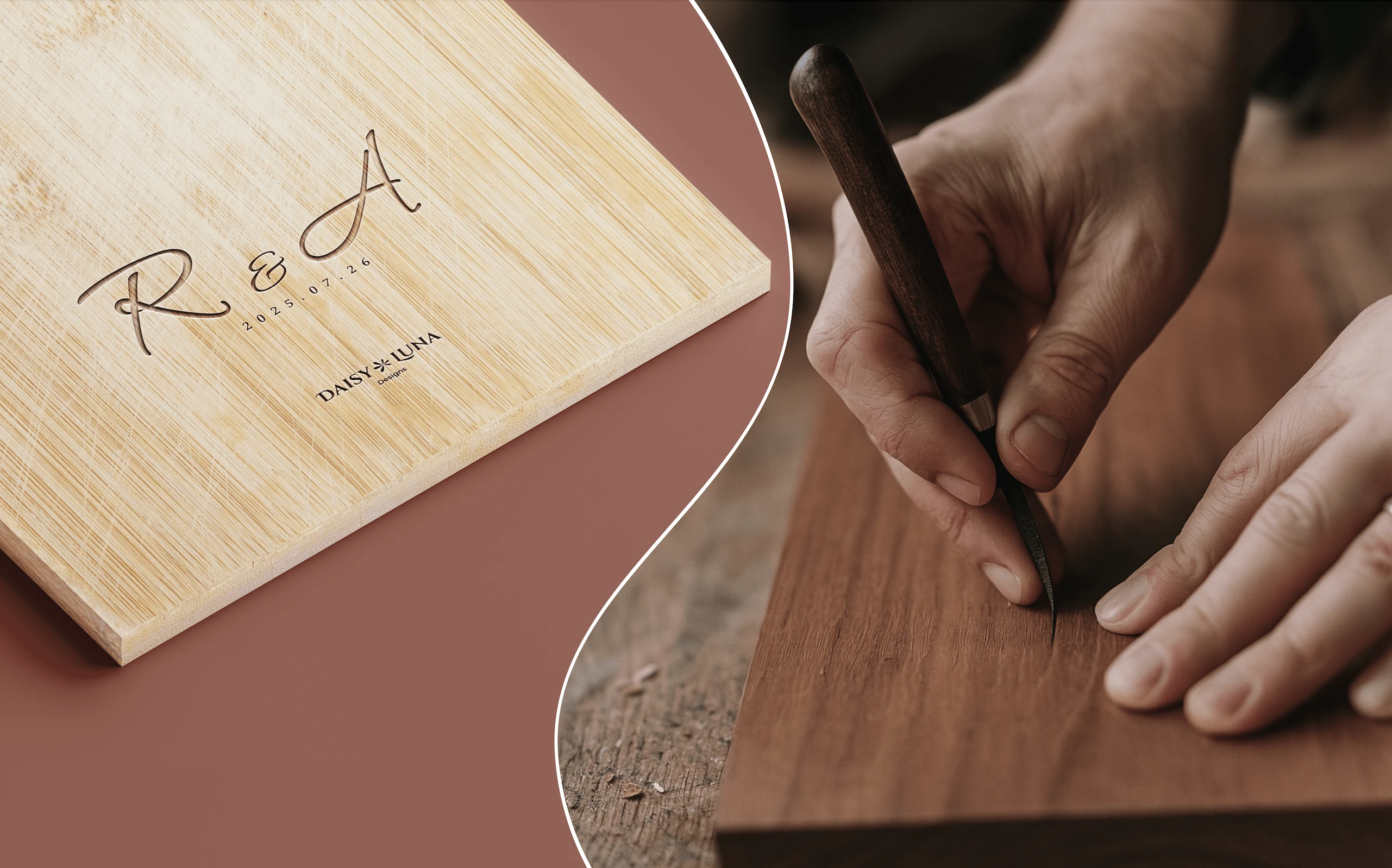 Custom Products: Examples include wooden boards with engraved initials and dates, showcasing the personalized keepsake aspect.