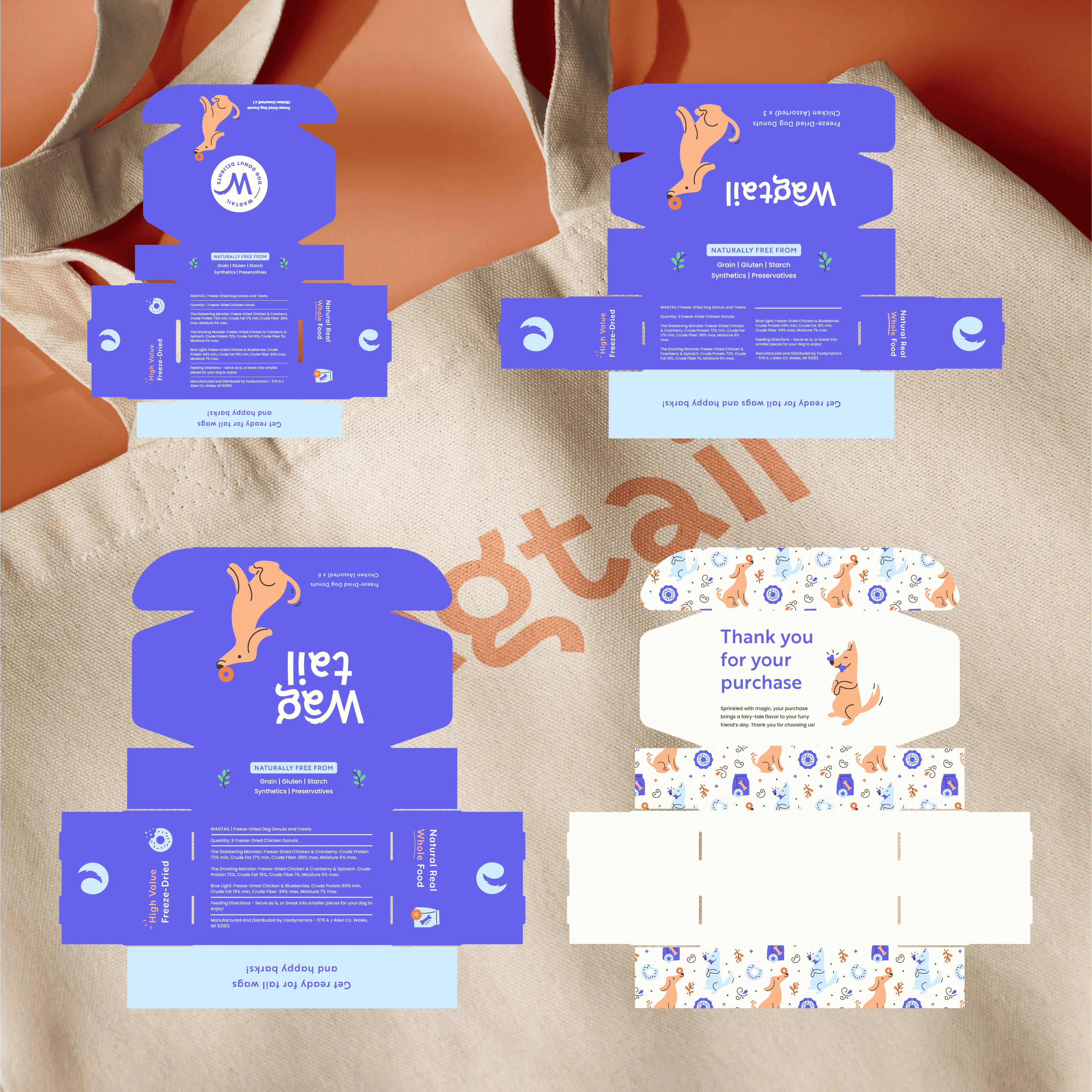 Packaging dielines for the dog donut boxes of 1, 3, and 6 - Exterior and Interior design.