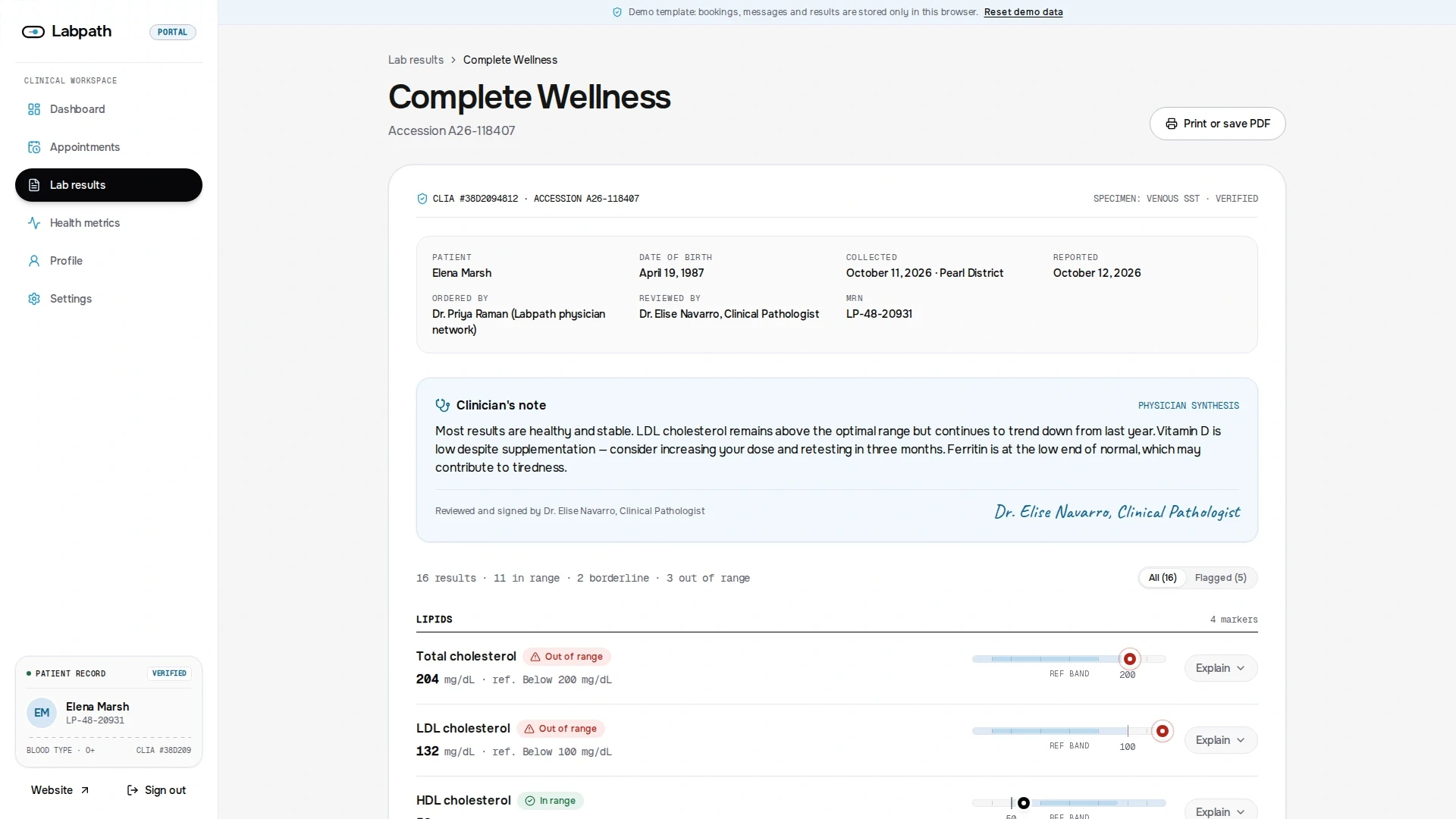 Interactive Clinical Lab Report & Biomarker Trends
